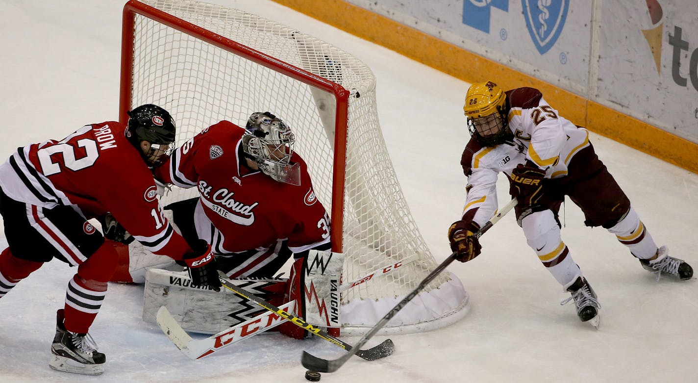 Gophers captain Justin Kloos made his way around the net to try to score against St. Cloud State goalie Charlie Lindgren during the first period on Nov. 27.