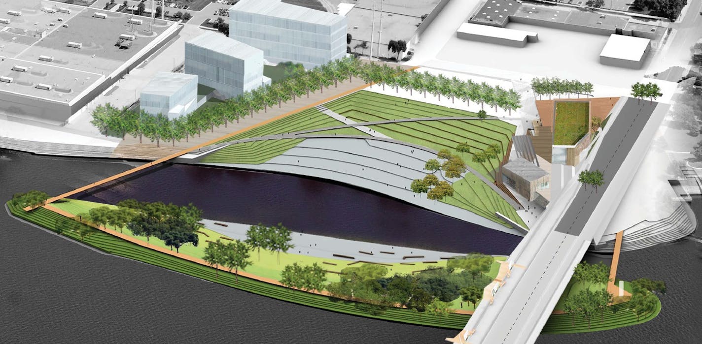 An aerial view shows a concept for Hall&#x2019;s Island and the new park.