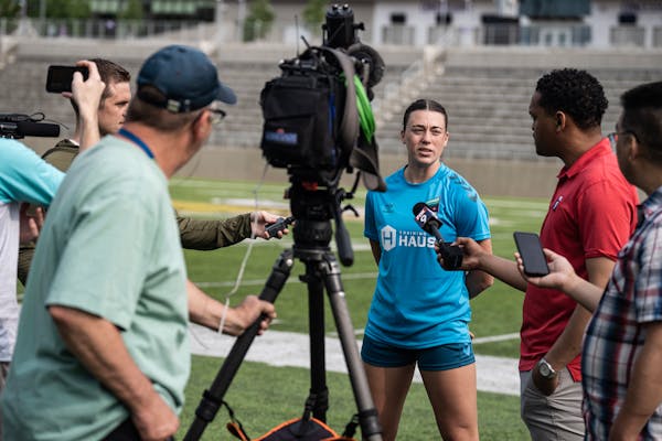 Minnesota Aurora defender Kelsey Kaufusi was in the media spotlight Monday at TCO Stadium in Eagan.