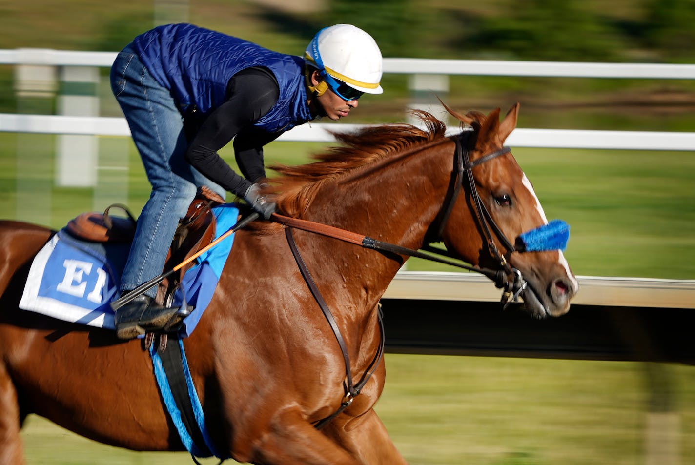 Hall of Famer Scott Stevens is now a jockey agent on the rise, and one of his clients is Harry Hernandez, the hottest thing going at Canterbury this season heading into the $150,000 Mystic Lake Derby on Wednesday. Here, Harry Hernandez rides a horse during the morning training session Friday, June 17, 2022 at Canterbury Park in Shakopee, Minn. ]