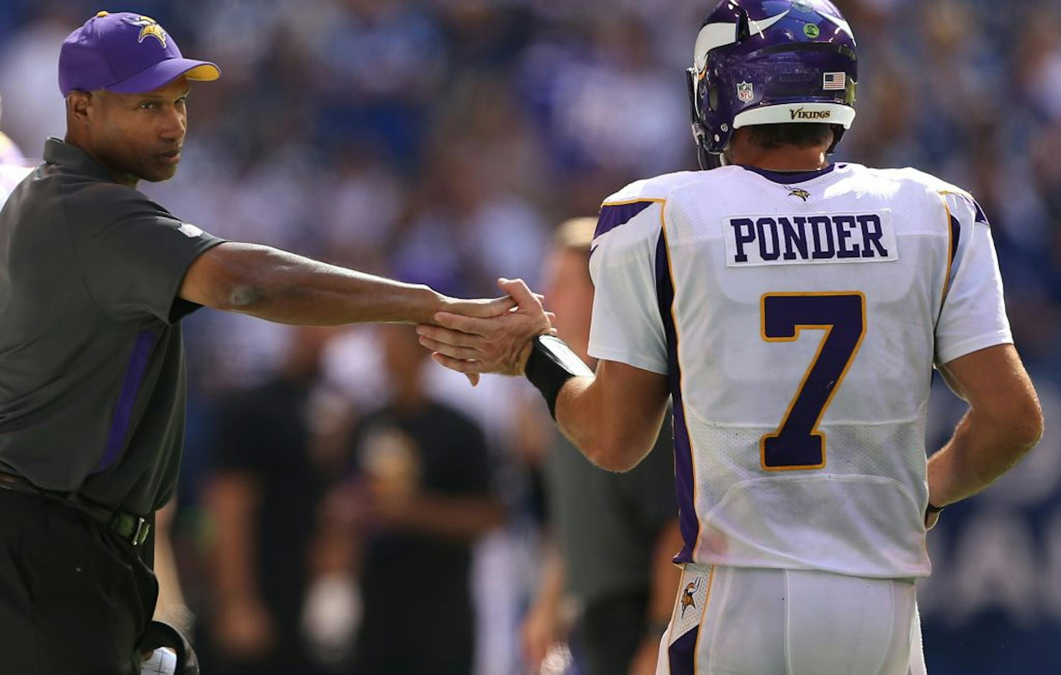 Vikings coach Leslie Frazier celebrated with his quarterback Christian Ponder, after he threw a fourth-quarter touchdown in a September game.