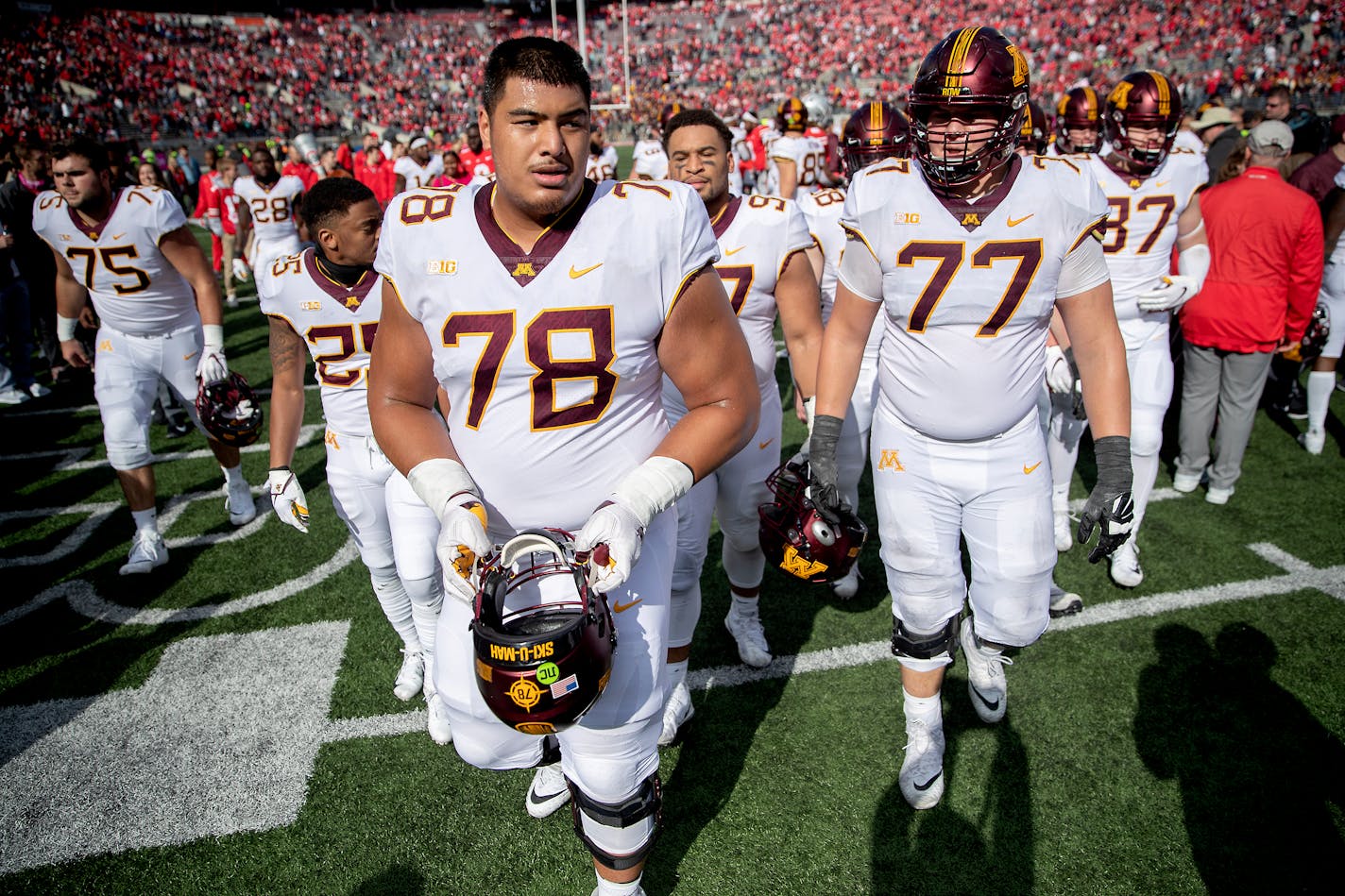 Minnesota's offensive lineman Daniel Faalele made his way off the field after his game debut after Minnesota was defeated by Ohio State 30-14 at Ohio Stadium, Saturday, October 13, 2018 in Columbus, OH. ] ELIZABETH FLORES • liz.flores@startribune.com