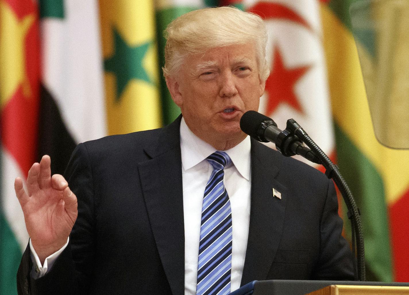 President Donald Trump delivers a speech to the Arab Islamic American Summit, at the King Abdulaziz Conference Center, Sunday, May 21, 2017, in Riyadh, Saudi Arabia. (AP Photo/Evan Vucci) ORG XMIT: MIN2017052211471135