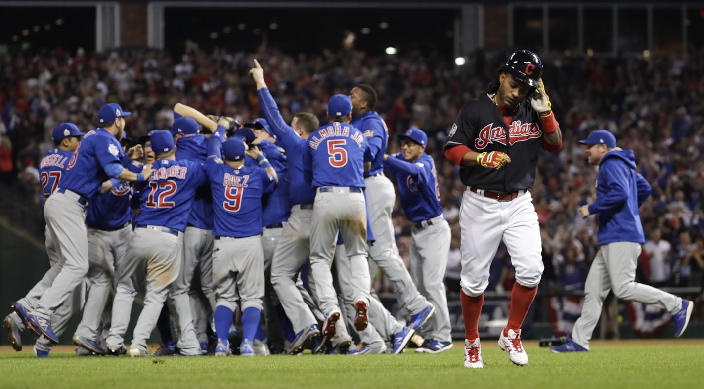 Chicago Cubs celebrate after Game 7 of the 2016 World Series.