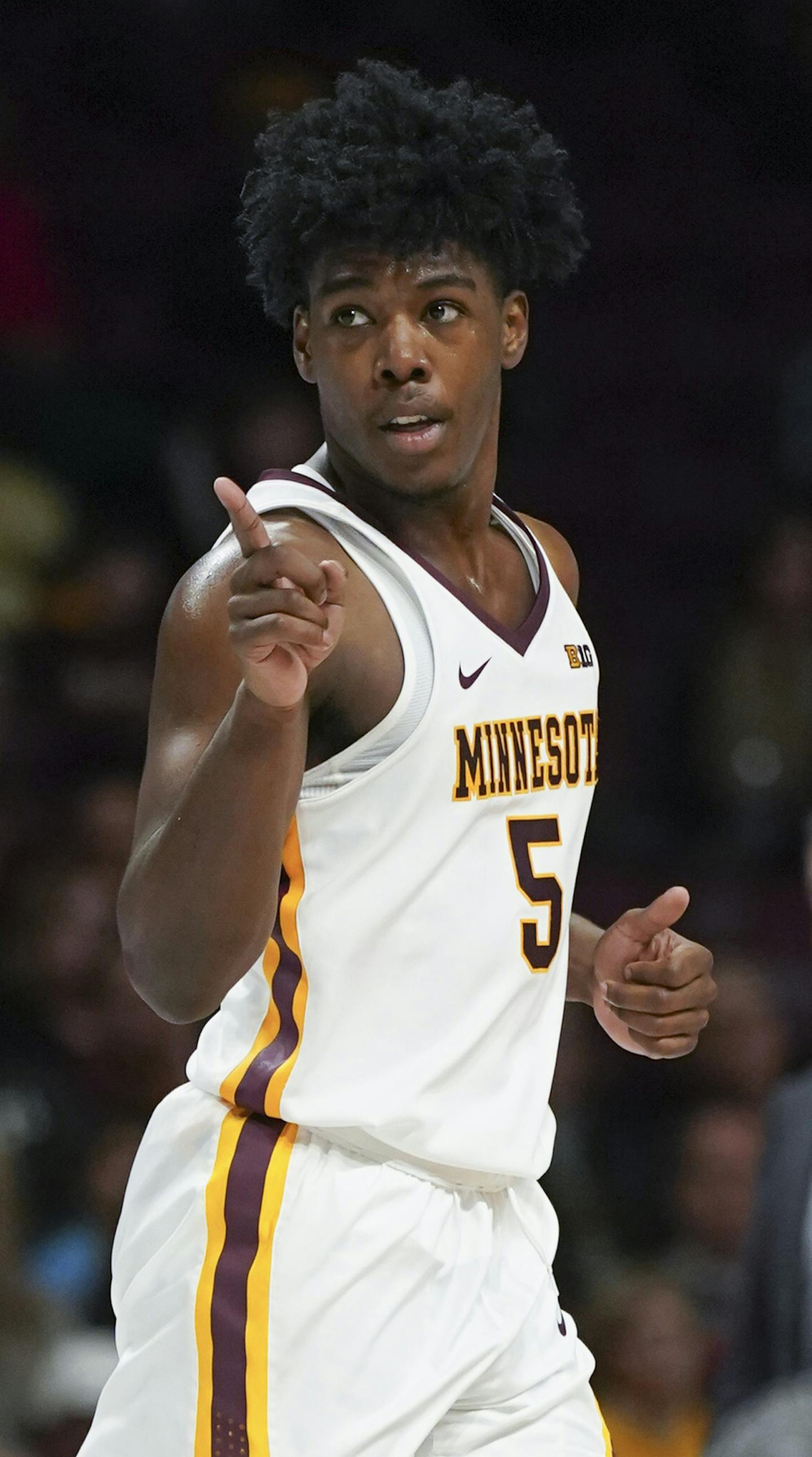 Minnesota Golden Gophers guard Marcus Carr (5) signaled to a teammate after he hit a second half shot. He led the Gophers with 19 points in the win. ] JEFF WHEELER &#x2022; Jeff.Wheeler@startribune.com The University of Minnesota men's basketball team defeated Central Michigan 82-57 in an NCAA basketball game Thursday night, November 21, 2019 at Williams Arena in Minneapolis.