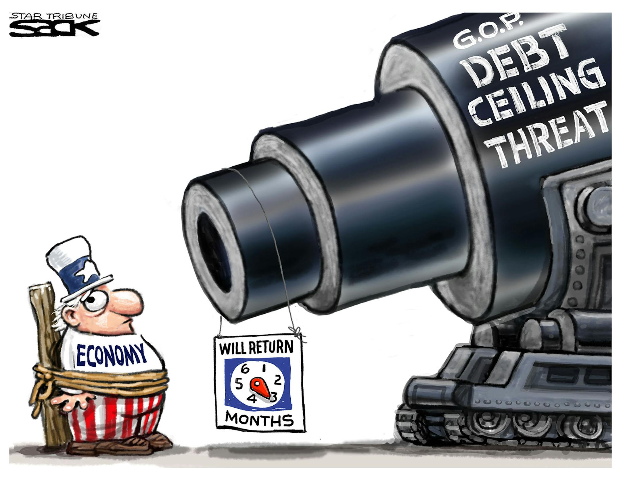Steve Sack cartoon for Jan. 24, 2013. Topic: U.S. House approves short-term suspension of debt ceiling.