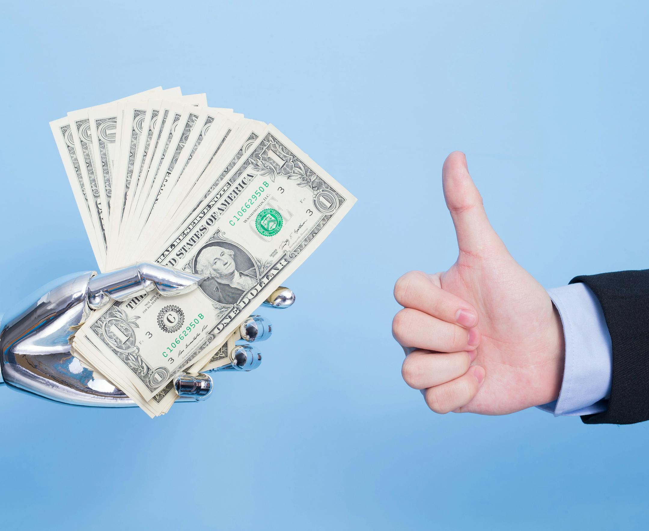 robot hand take us dollar and thumb up on the blue background