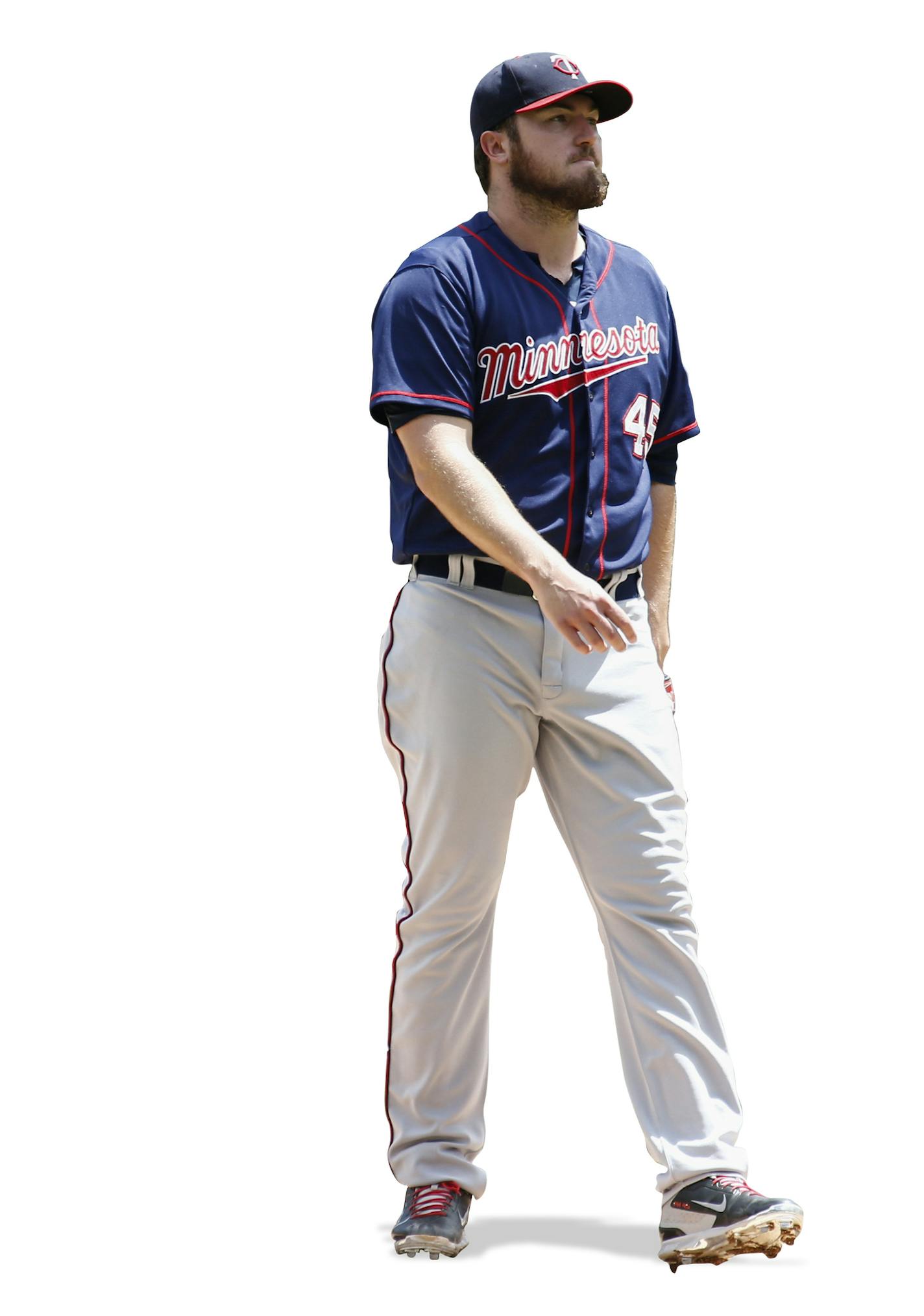 Minnesota Twins starting pitcher Phil Hughes (45) waits for a new ball as Texas Rangers' Leonys Martin, left rear, circles the bases on his home run during the second inning of a baseball game, Sunday, June 14, 2015, in Arlington, Texas. (AP Photo/Jim Cowsert) ORG XMIT: TXJC109 ORG XMIT: MIN1602202122211024 ORG XMIT: MIN1605262321130606