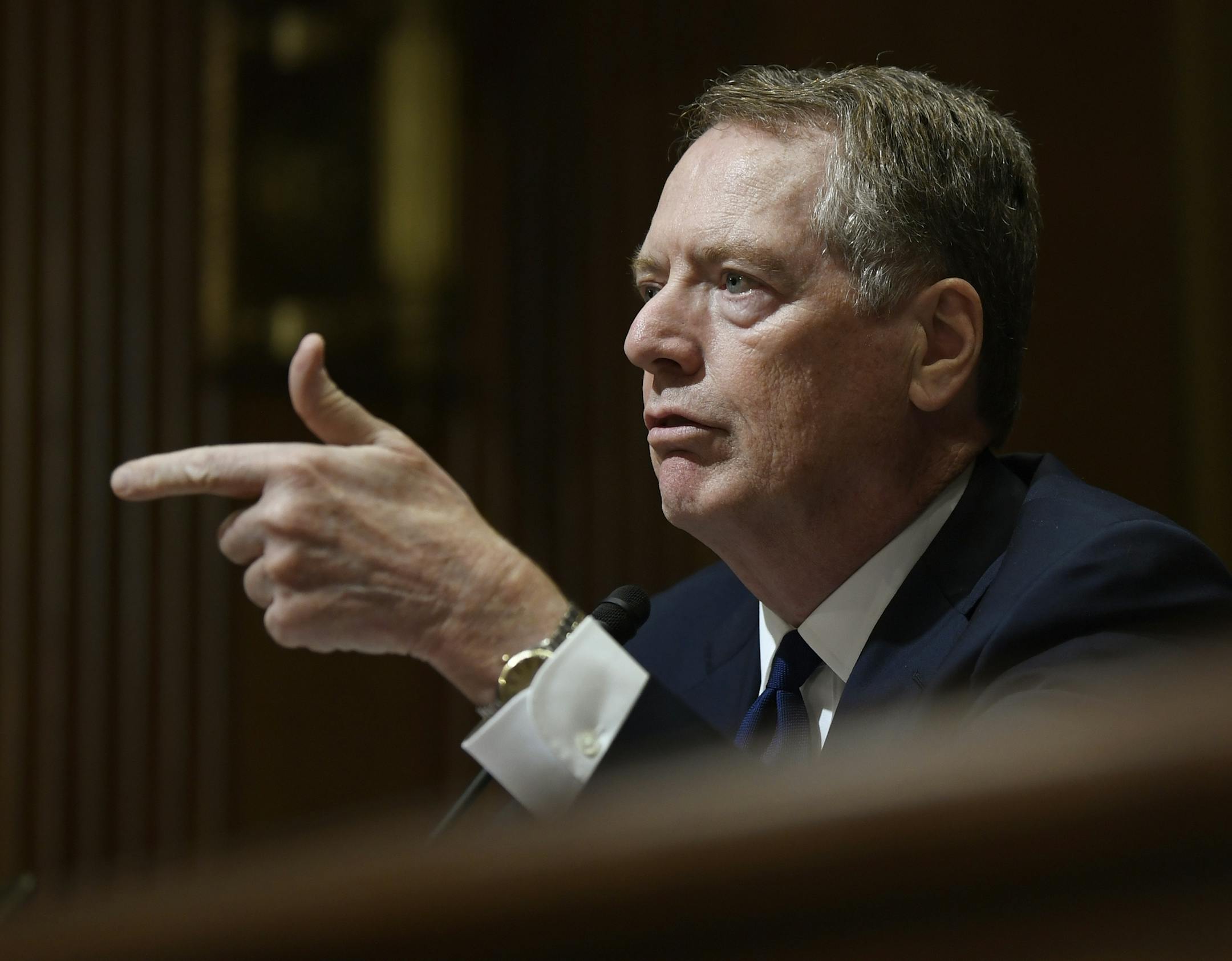 United States Trade Representative Robert Lighthizer testifies before the Senate Finance Committee on Capitol Hill in Washington, Tuesday, June 18, 2019, during a hearing hearing on 'The President's 2019 Trade Policy Agenda and the United States-Mexico-Canada Agreement'. (AP Photo/Susan Walsh)