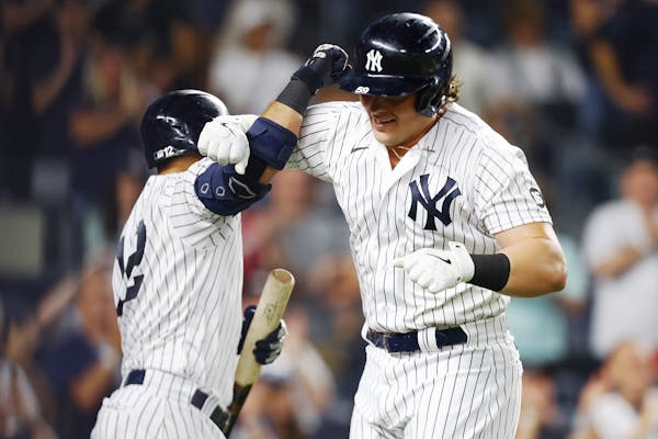 Luke Voit of the Yankees celebrates after hitting a home run to center field in the seventh inning against the Twins at Yankee Stadium