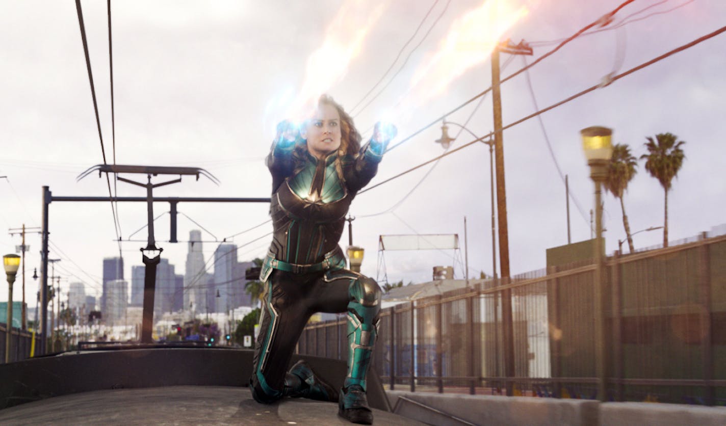 This image released by Disney-Marvel Studios shows Brie Larson in a scene from "Captain Marvel." (Disney-Marvel Studios via AP)