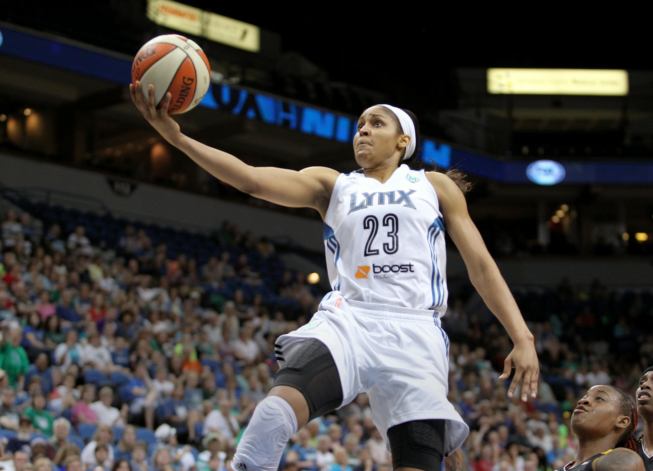 The Lynx's Maya Moore beat the Tulsa Shock defense to the basket on a drive in the first half last Sunday night at Target Center.