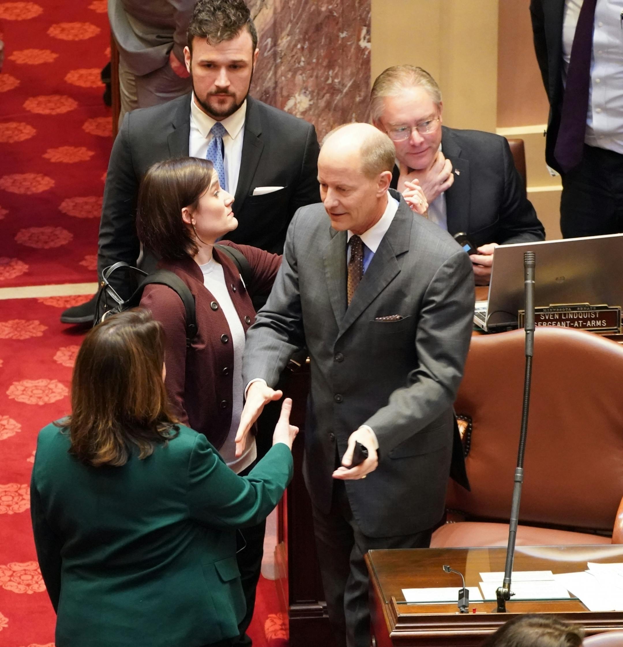Senate Majority Leader Paul Gazelka, R-Baxter greeted new Senate Minority Leader Susan Kent, DFL-Woodbury as the first session adjourned.