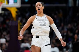 Aces center and WNBA leading scorer A'ja Wilson reacts on Sunday, when she scored 31 points in a loss at Los Angeles. Wilson has now scored at least 2