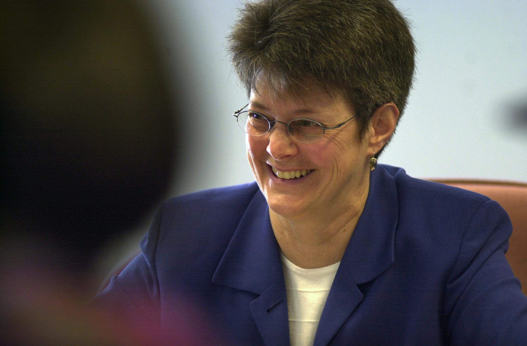 WEDNESDAY_04/31/03_Mpls. -- Kit Hadley, the new Minneapolis library director, is shown during a meeting at the temporary library facility at the old Federal Reserve Bank building.