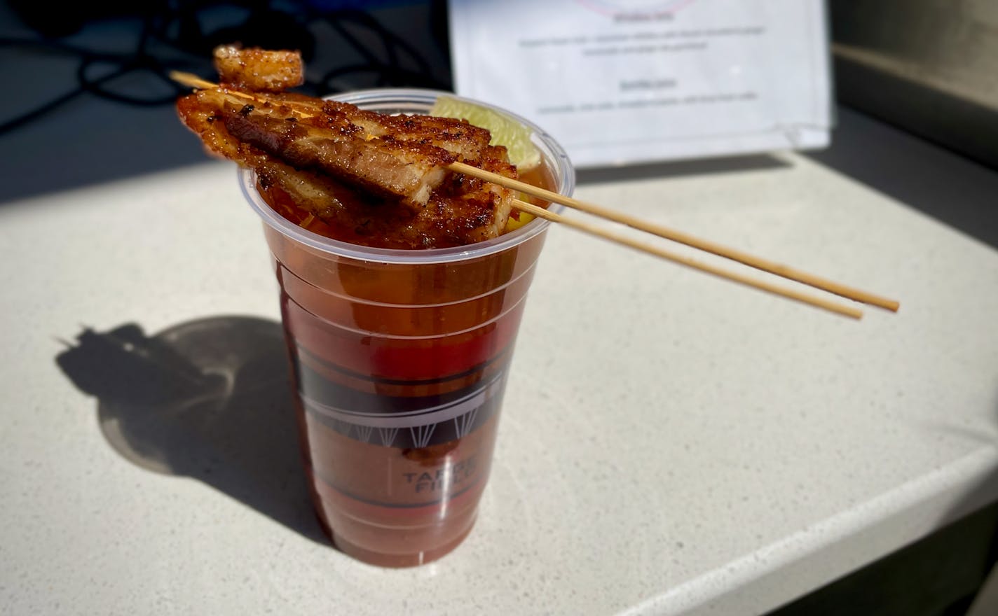 Lovejoy Bloody Mary mix with candied pork belly at Target Field.