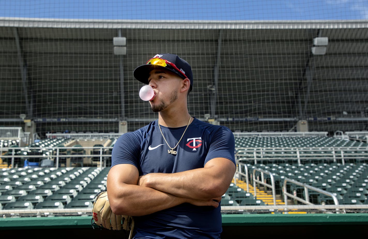 Minnesota Twins pitcher Jose Berrios blew bubble during practice on Thursday. ] CARLOS GONZALEZ &#x2022; cgonzalez@startribune.com &#x2013; Fort Myers, FL &#x2013; February 20, 2020, CenturyLink Sports Complex, Hammond Stadium, Minnesota Twins, Spring Training