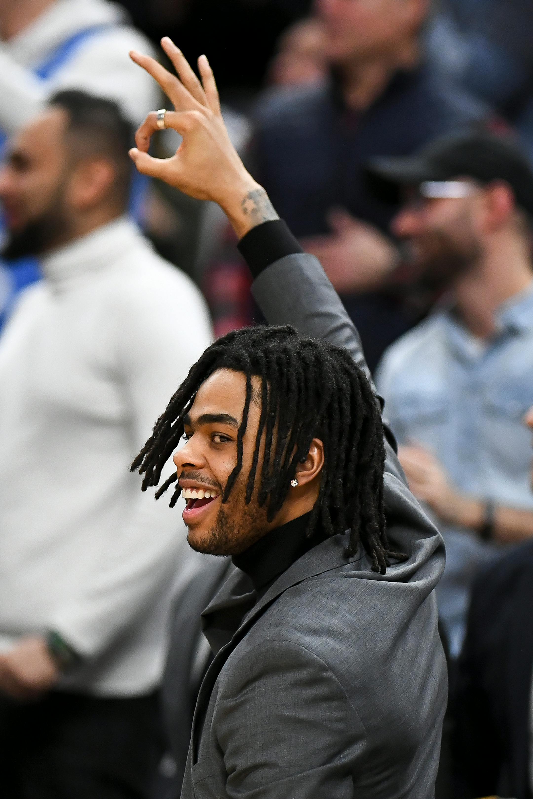 Minnesota Timberwolves guard D'Angelo Russell (0) celebrated a 3-point basket scored against the LA Clippers late in the first half.