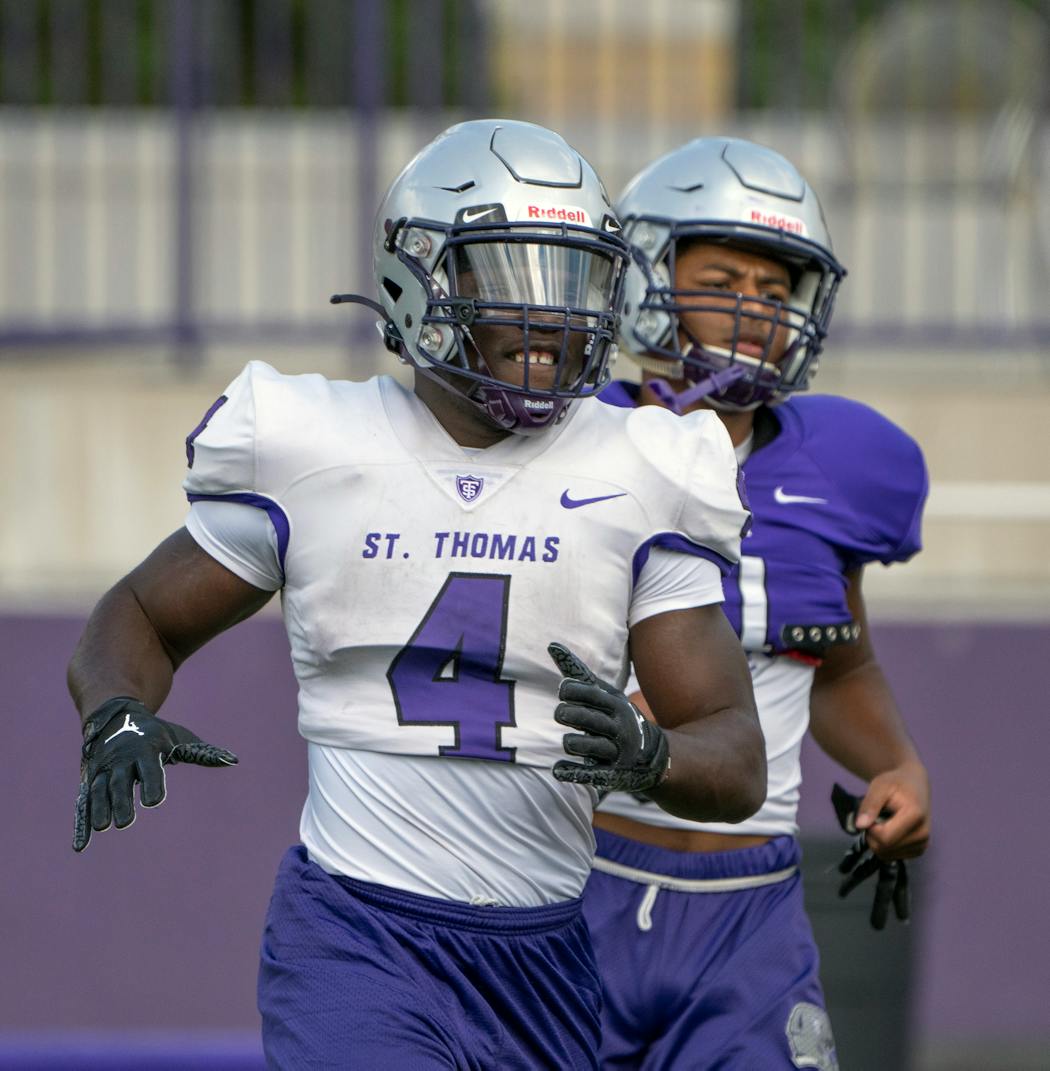 Sophomore running back Hope Adebayo, who scored 12 TDs last season and had nearly 700 yards rushing, is one of five Tommies named to the preseason all-conference team.