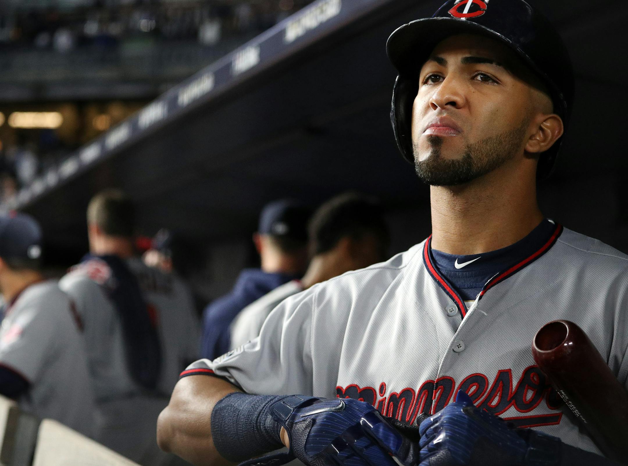 Minnesota Twins left fielder Eddie Rosario looks to the scoreboard in the dugout after losing to the New York Yankees, 8-4, the American League Wild Card game at Yankee Stadium in New York on Tuesday, Oct. 3, 2017. (Anthony Souffle/Minneapolis Star Tribune/TNS) ORG XMIT: 1212512 ORG XMIT: MIN1710032343332489