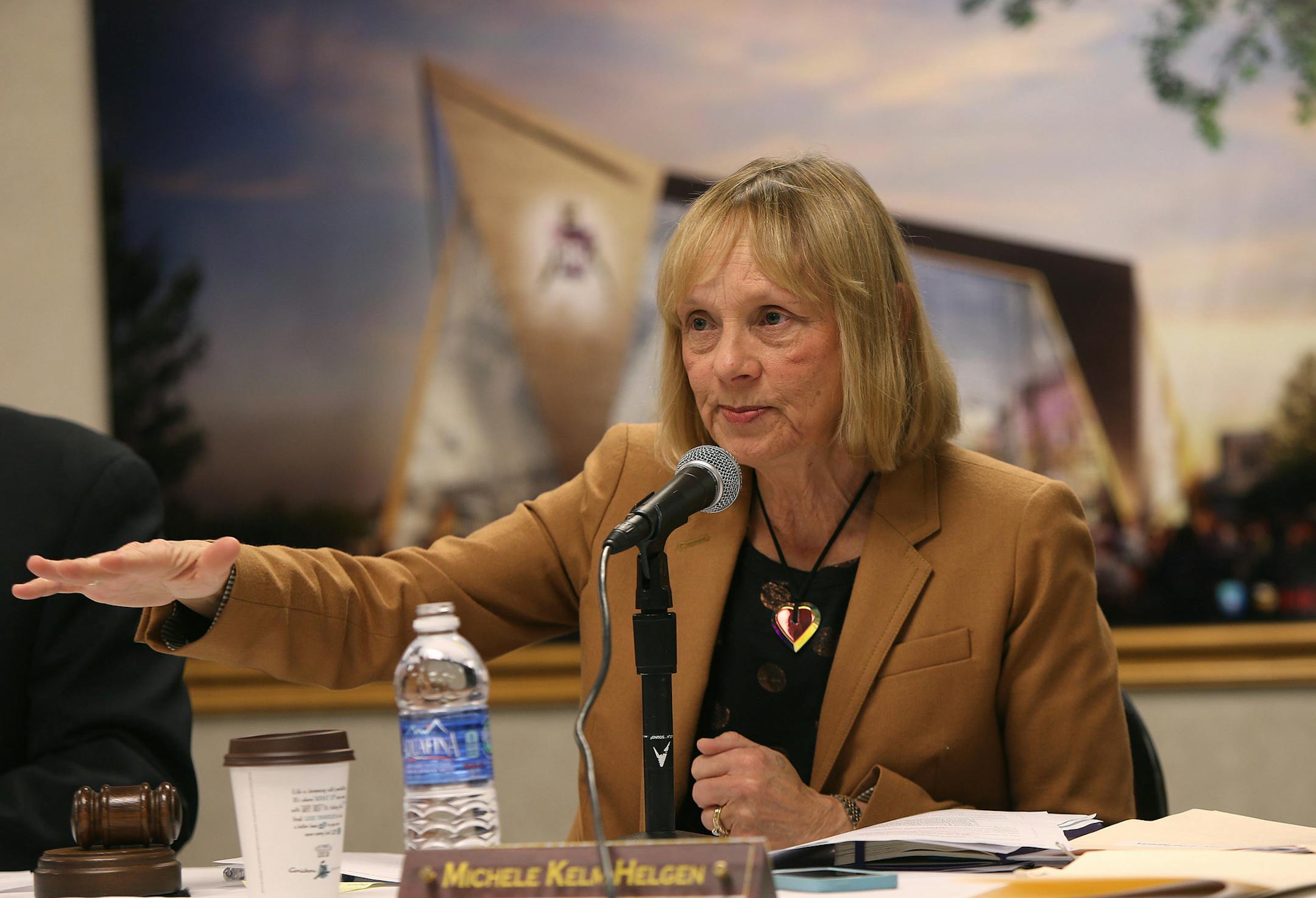 Michele Kelm-Helgen, of the Minnesota Sports Facilities Authority led a hearing, Friday, November 22, 2013 at the Mall of America Field Halsey Room in Minneapolis, MN. They considered and agreed on the "guaranteed maximum price" for construction costs. This agreement will determine what perks are in, and what perks are out, of the stadium project. (ELIZABETH FLORES/STAR TRIBUNE) ELIZABETH FLORES • eflores@startribune.com ORG XMIT: MIN1311221106581481