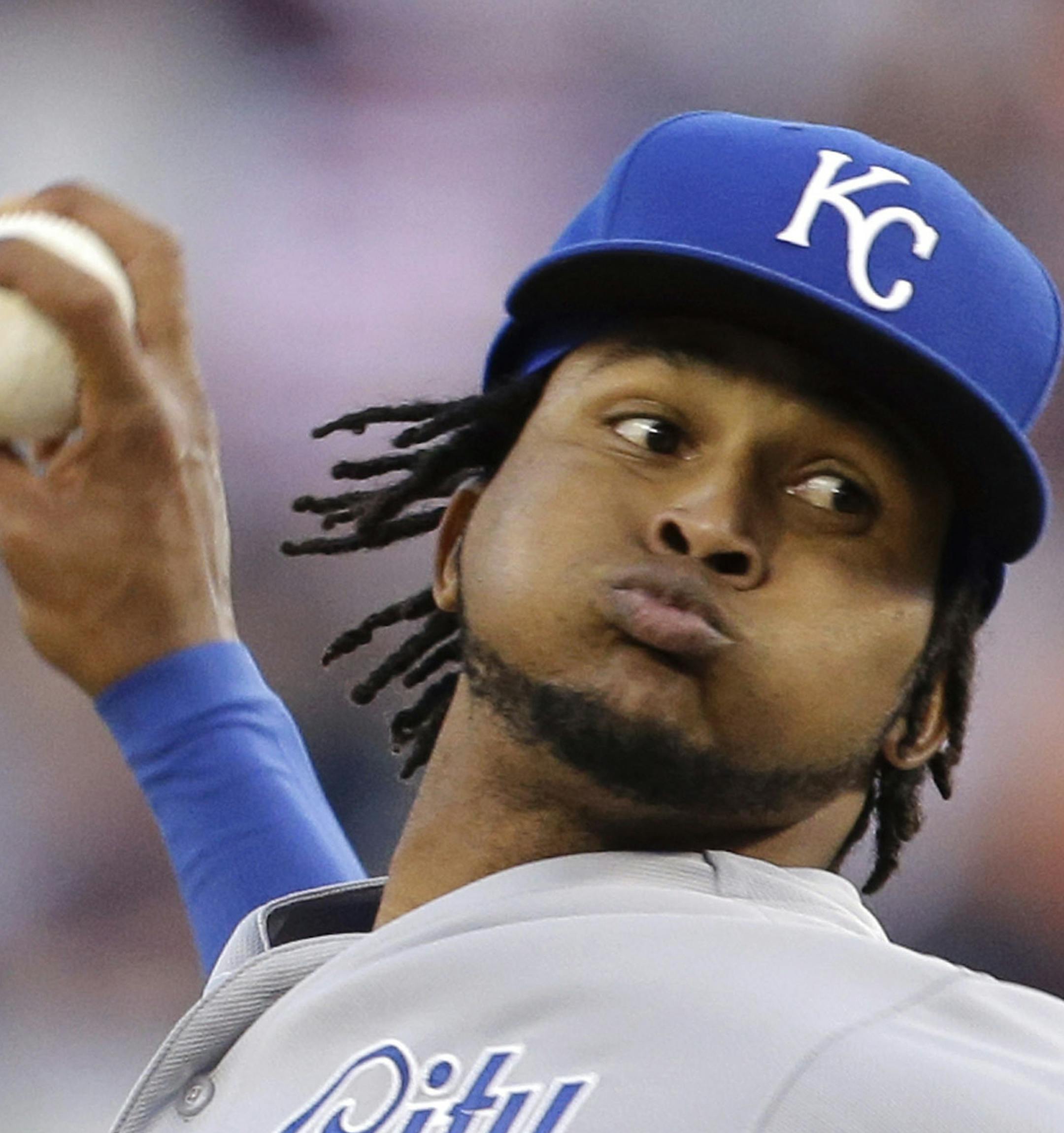 Kansas City Royals starting pitcher Ervin Santana throws during the first inning of a baseball game against the Detroit Tigers, Saturday, Sept. 14, 2013, in Detroit. (AP Photo/Carlos Osorio) ORG XMIT: MICO103