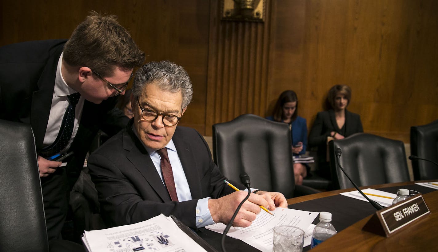 Sen. Al Franken (D-Minn.) before the start of a confirmation hearing of the Senate Health, Education, Labor and Pensions Committee for Alex Azar, President Donald Trump&#x2019;s nominee for Secretary of Health and Human Services, on Capitol Hill in Washington, Nov. 29, 2017. (Al Drago/The New York Times) ORG XMIT: MIN2017112914041920