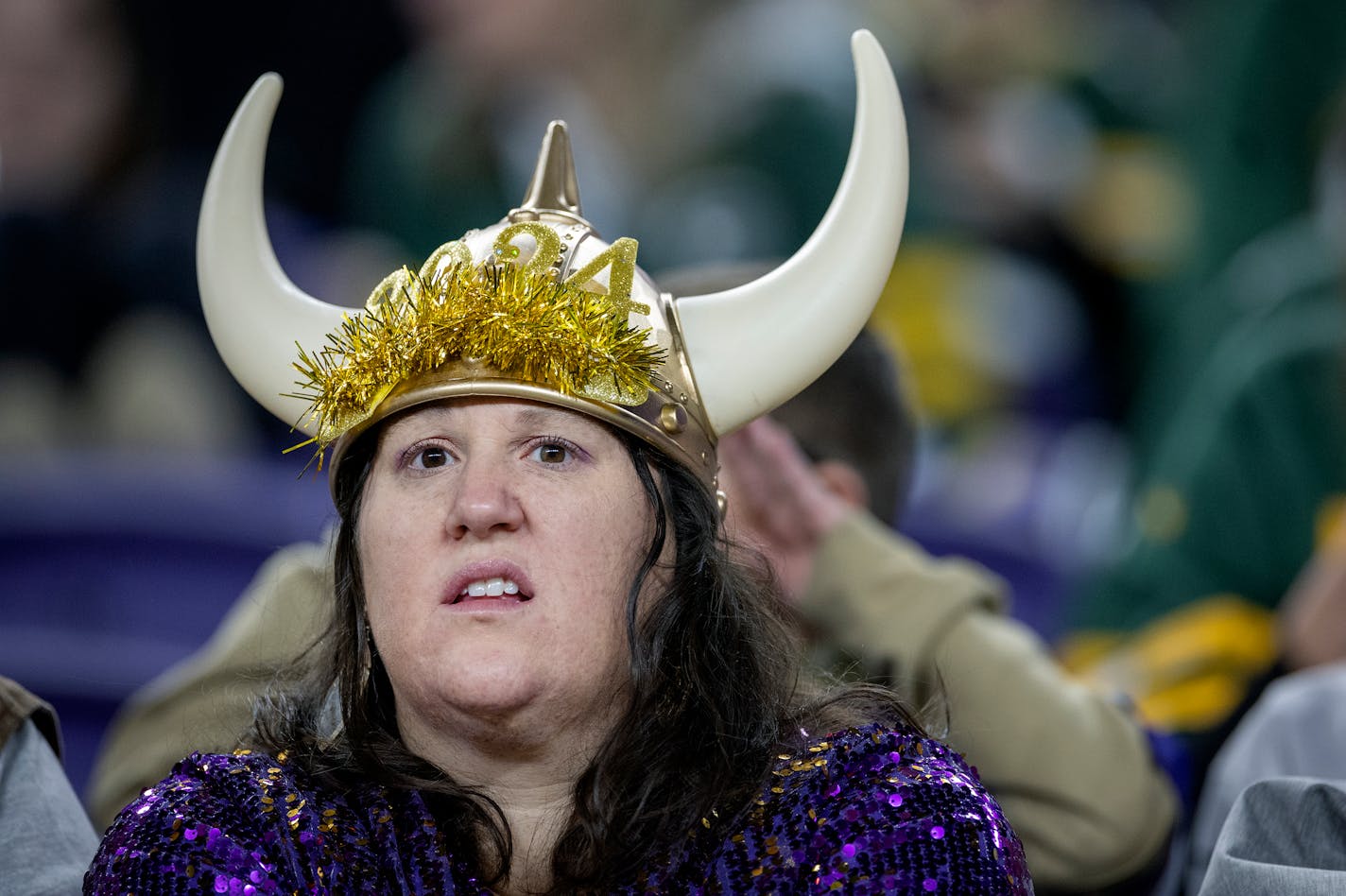 Vikings fan Kristina Wattier of Stevens Point, Wis., wasn't too happy at the 33-10 loss to the Green Bay Packers at U.S. Bank Stadium, in Minneapolis, Minn., on Sunday, Dec. 31, 2023. ] Elizabeth Flores • liz.flores@startribune.com