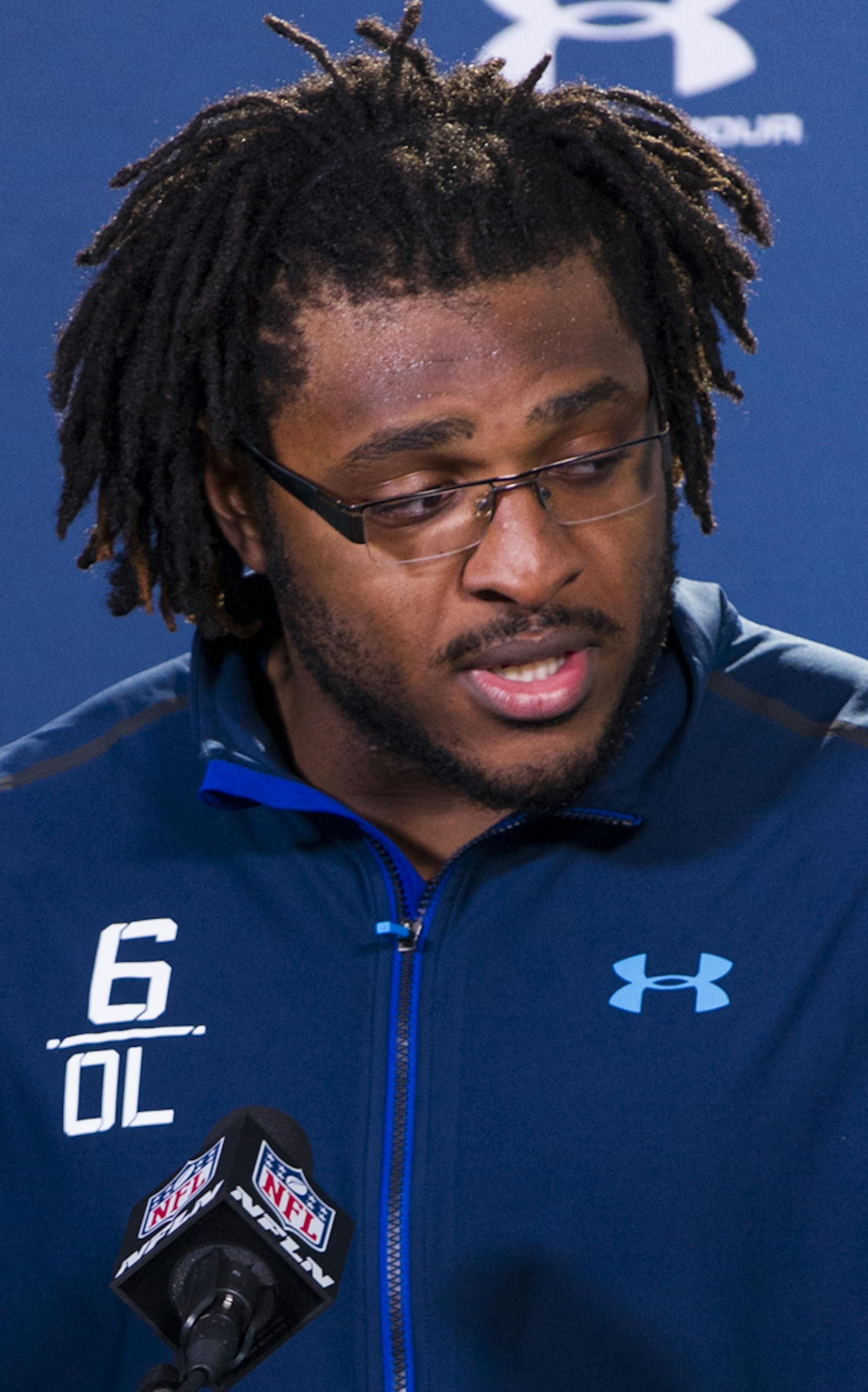 Pittsburgh offensive lineman T.J. Clemmings talks with reporters during a news conference at the NFL football scouting combine at Lucas Oil Stadium in Indianapolis, Friday, Feb. 20, 2015. (AP Photo/Doug McSchooler) ORG XMIT: INDM119