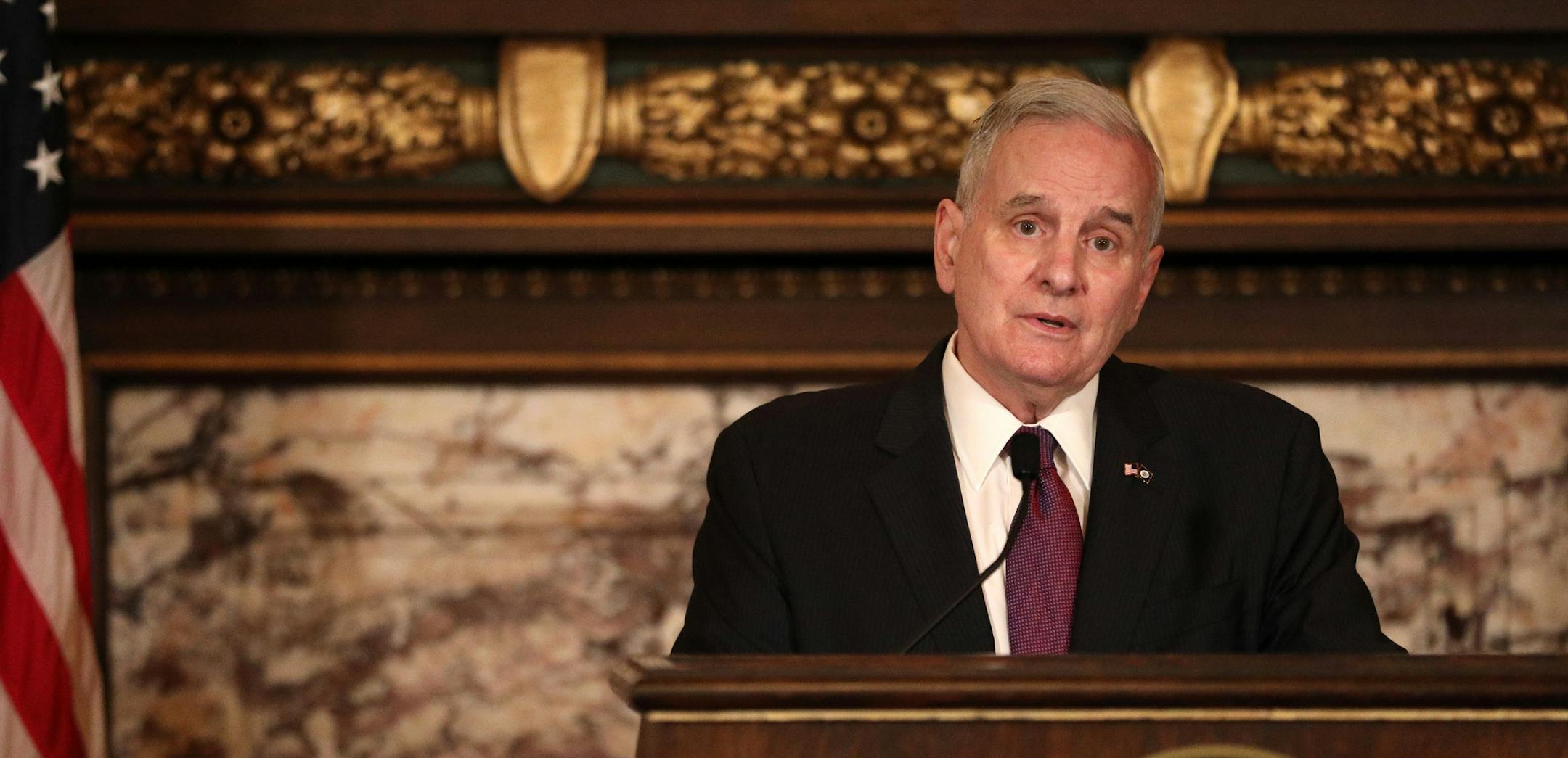 Gov. Mark Dayton spoke from the podium during Wednesday's press conference. ] ANTHONY SOUFFLE ï anthony.souffle@startribune.com Gov. Mark Dayton gave a press conference to announce he has signed Omnibus Bonding Bill into law while exercising his line item veto authority to veto a $1 million grant included within Wednesday, May 30, 2018 at the State Capitol Building in St. Paul, Minn.
