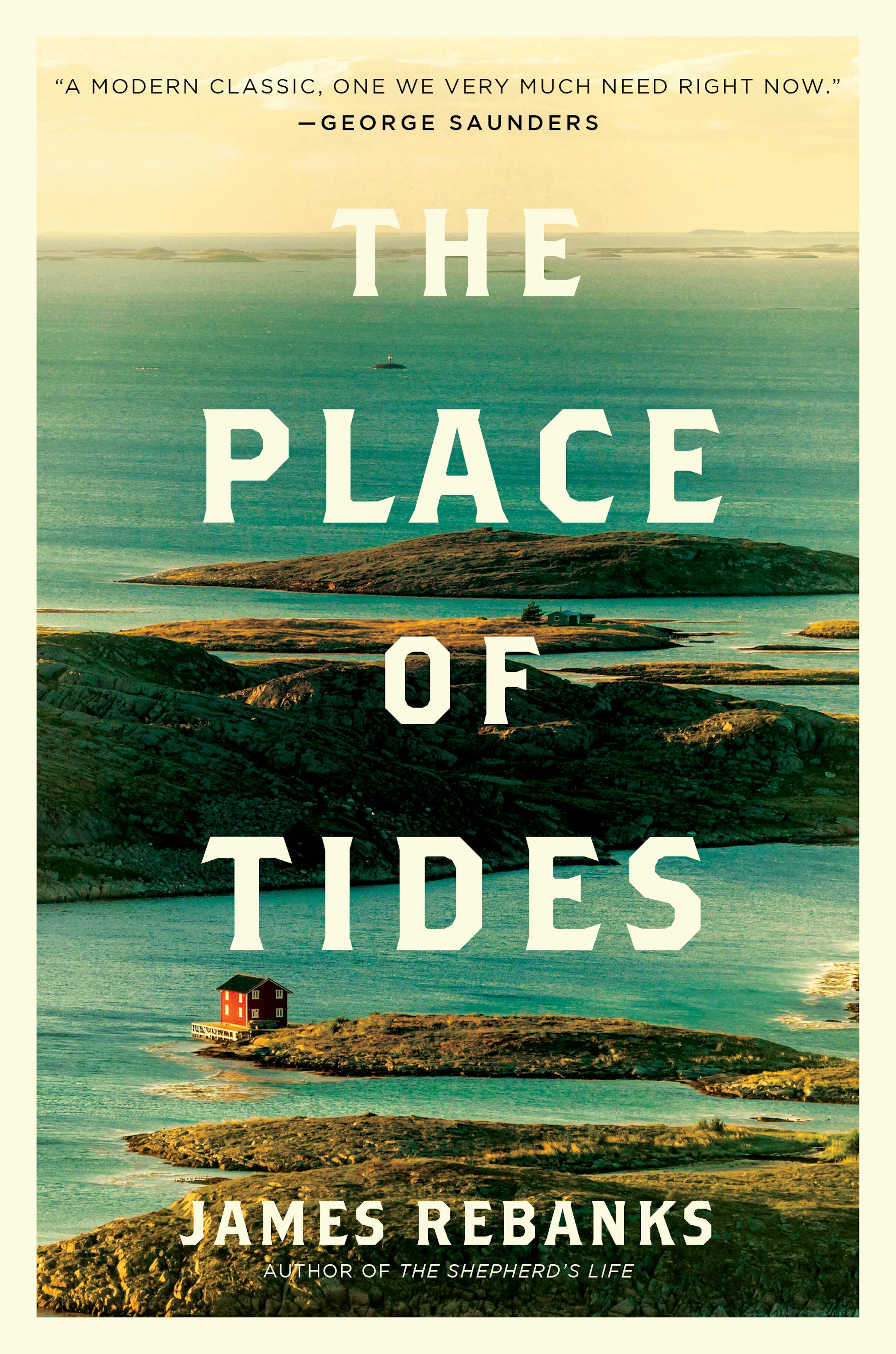 cover of The Place of Tides features a small house and tidal pools, with a sea in the distance