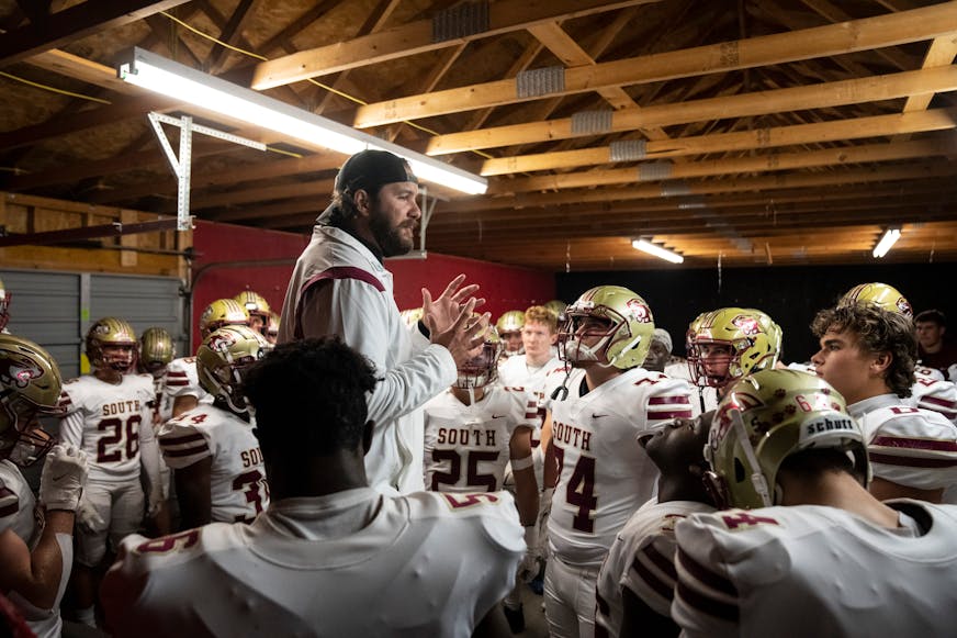 Lakeville South head coach Ben Burk spoke to the team before the game.