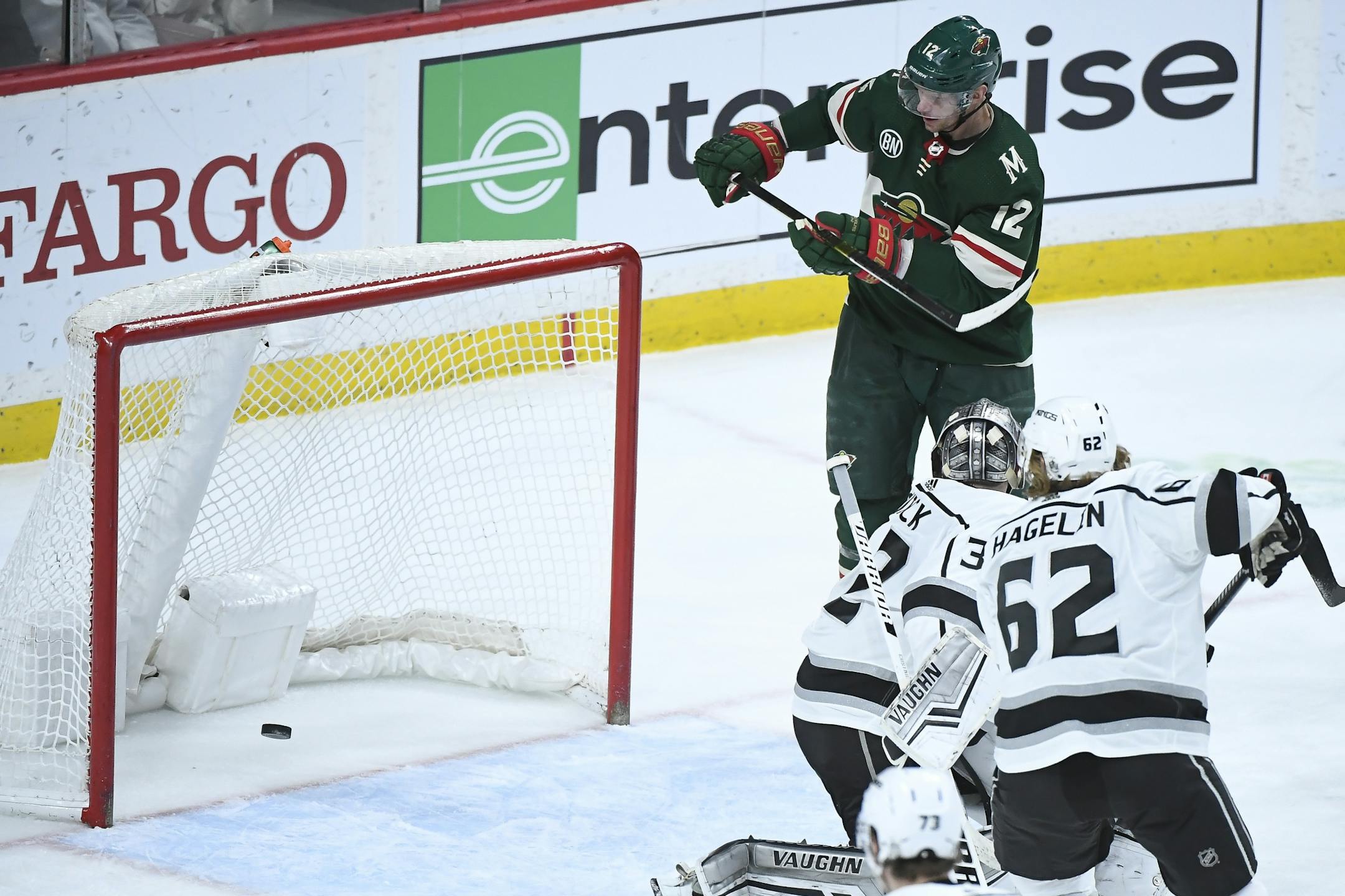 Minnesota Wild center Eric Staal (12) scored a third period goal against Los Angeles Kings goaltender Jonathan Quick (32).