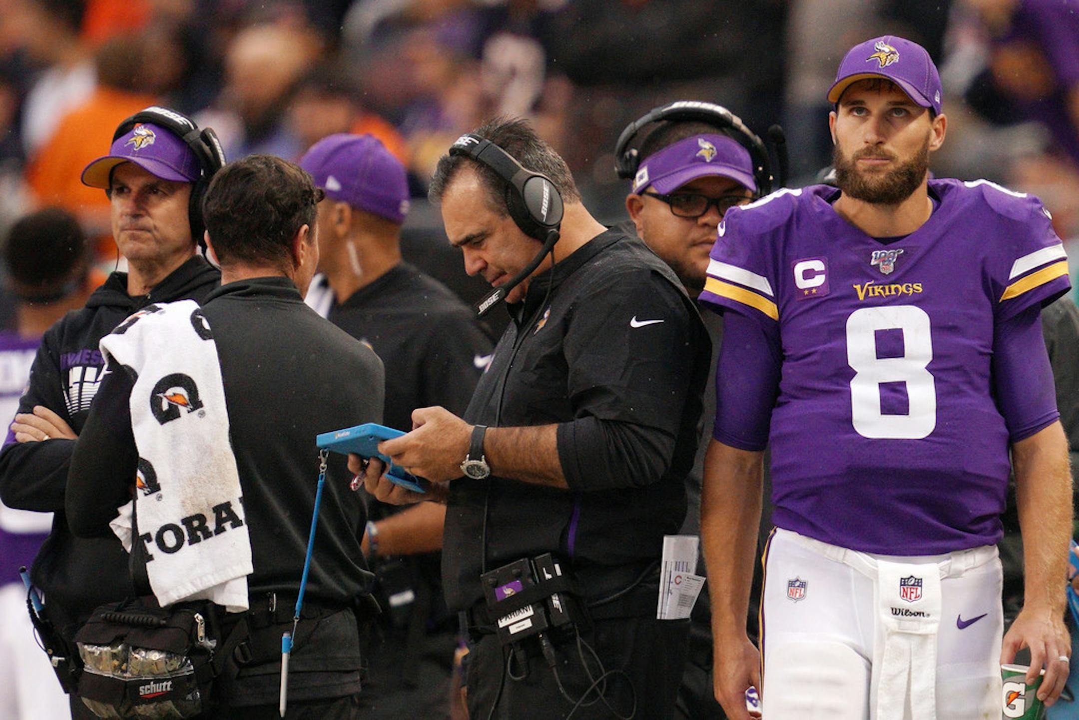 Quarterback Kirk Cousins reacted as he looked to the scoreboard from the sidelines late in the fourth quarter.of last year's game between the Vikings and Bears at Soldier Field.