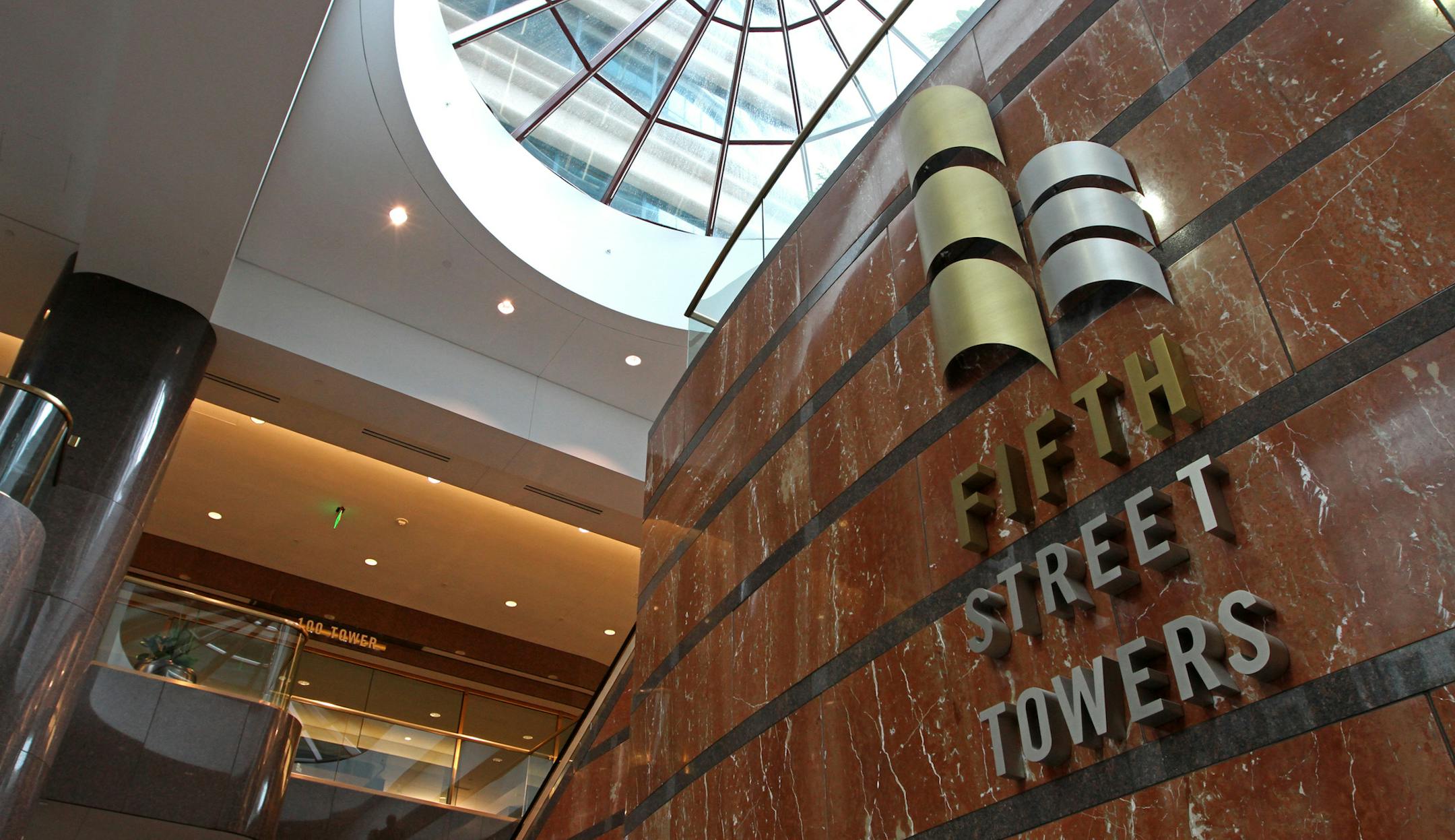 Interior of Fifth Street Towers, photographed on 5/28/13. Feature on Fifth Street Towers for the Bricks & Mortar page. The towers, built in the 1980s, were sold last year at sheriff's auction. They've been renovated, and they secured the coveted LEED certification in the process. Last week, the Minneapolis law firm Moss & Barnett said it signed a long-term lease.] Bruce Bisping/Star Tribune bbisping@startribune.com