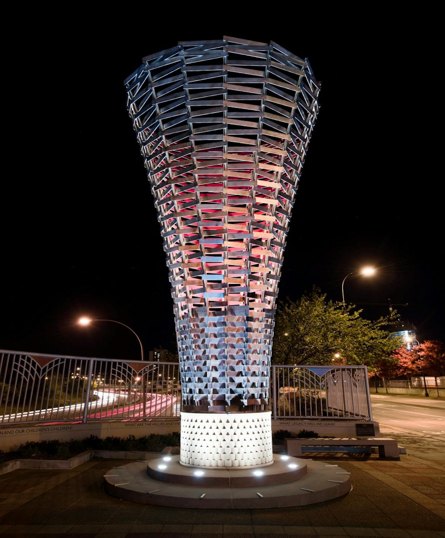 This beacon, installed in 2013, stands prominently beside a bridge dedicated to former mayor Sharon Sayles Belton over Interstate 94.