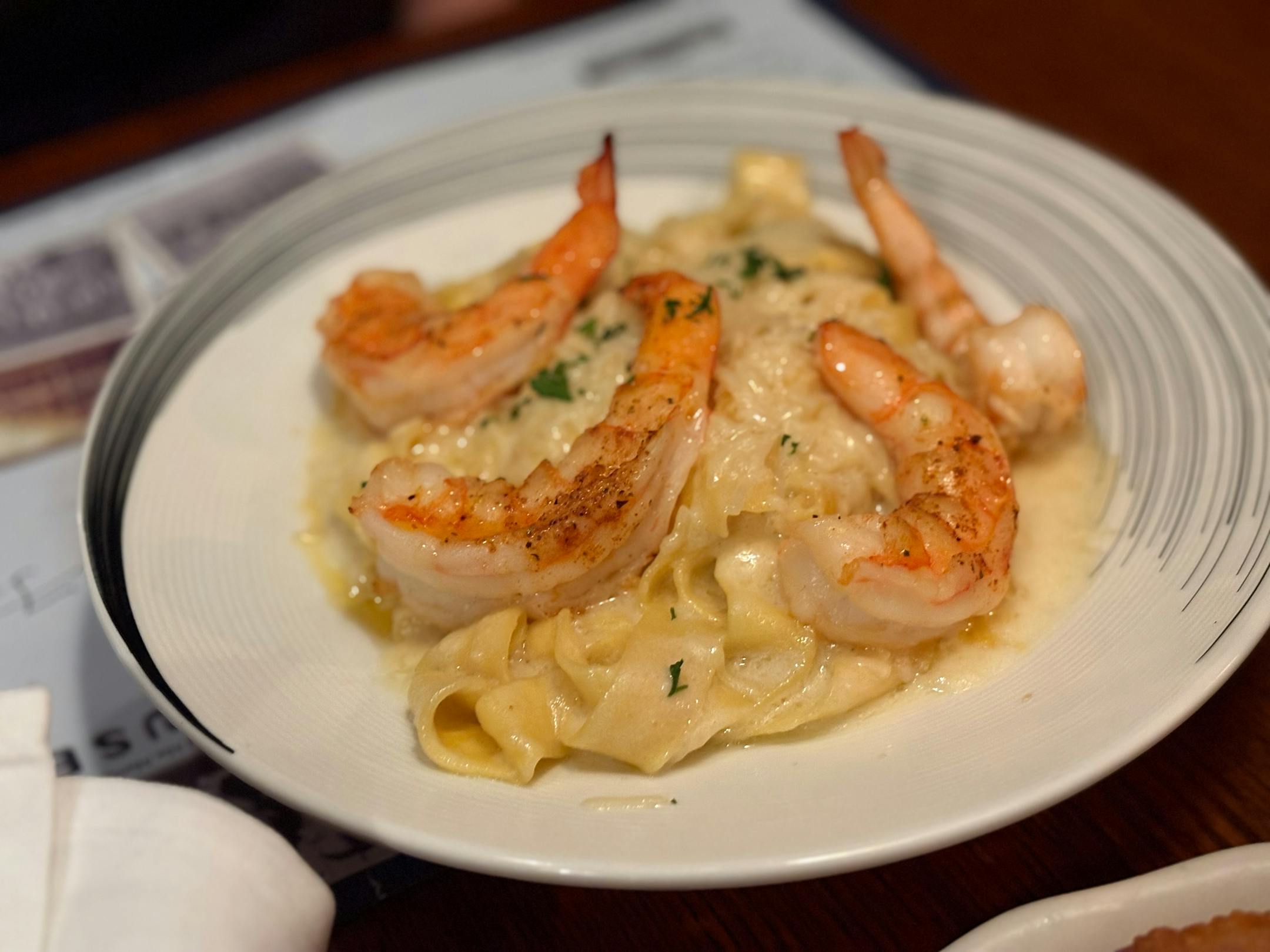 Fettuccini Alfredo with shrimp.