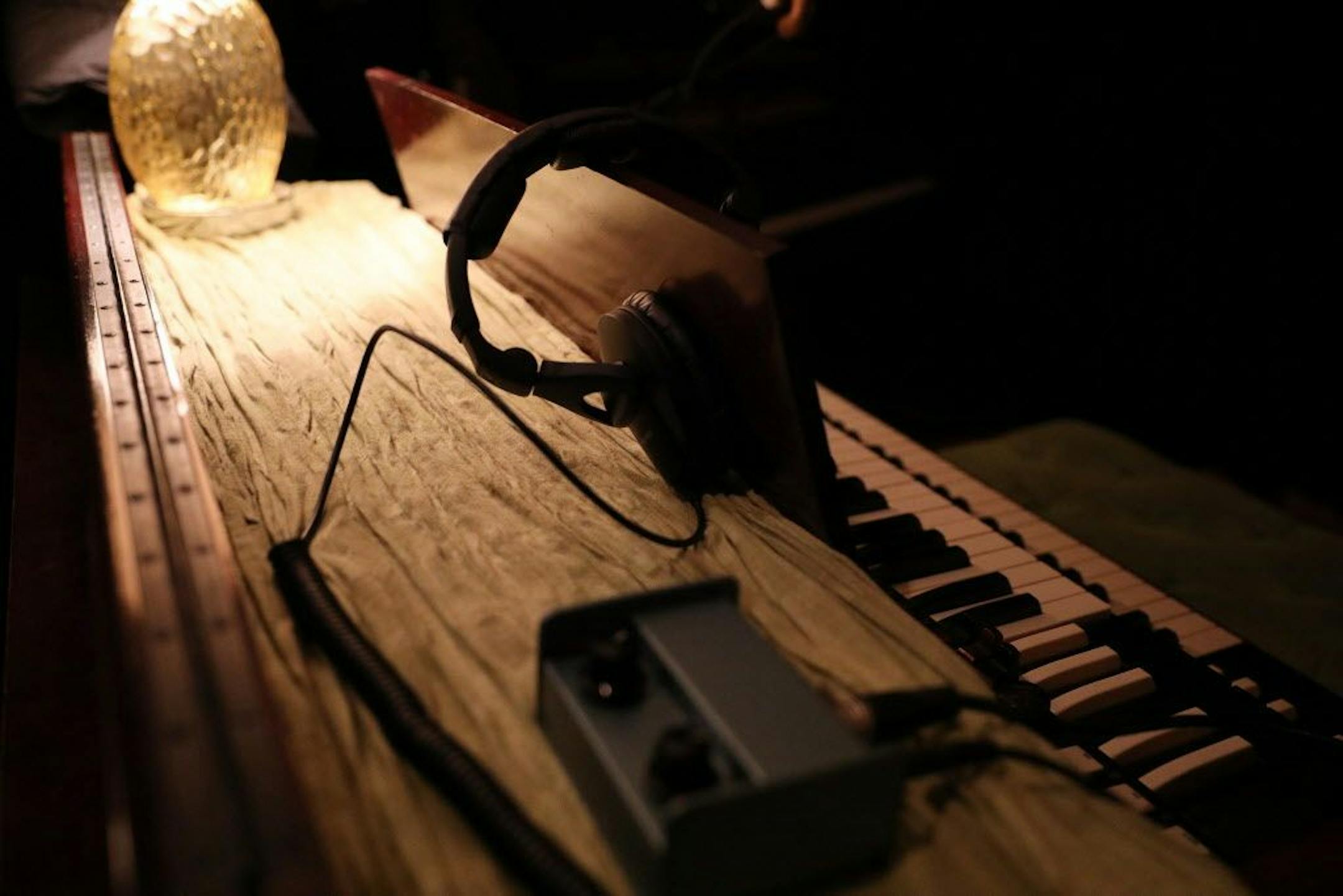 A pair of headphones rested on an organ in Studio A in the former Flyte Tyme Studios.
