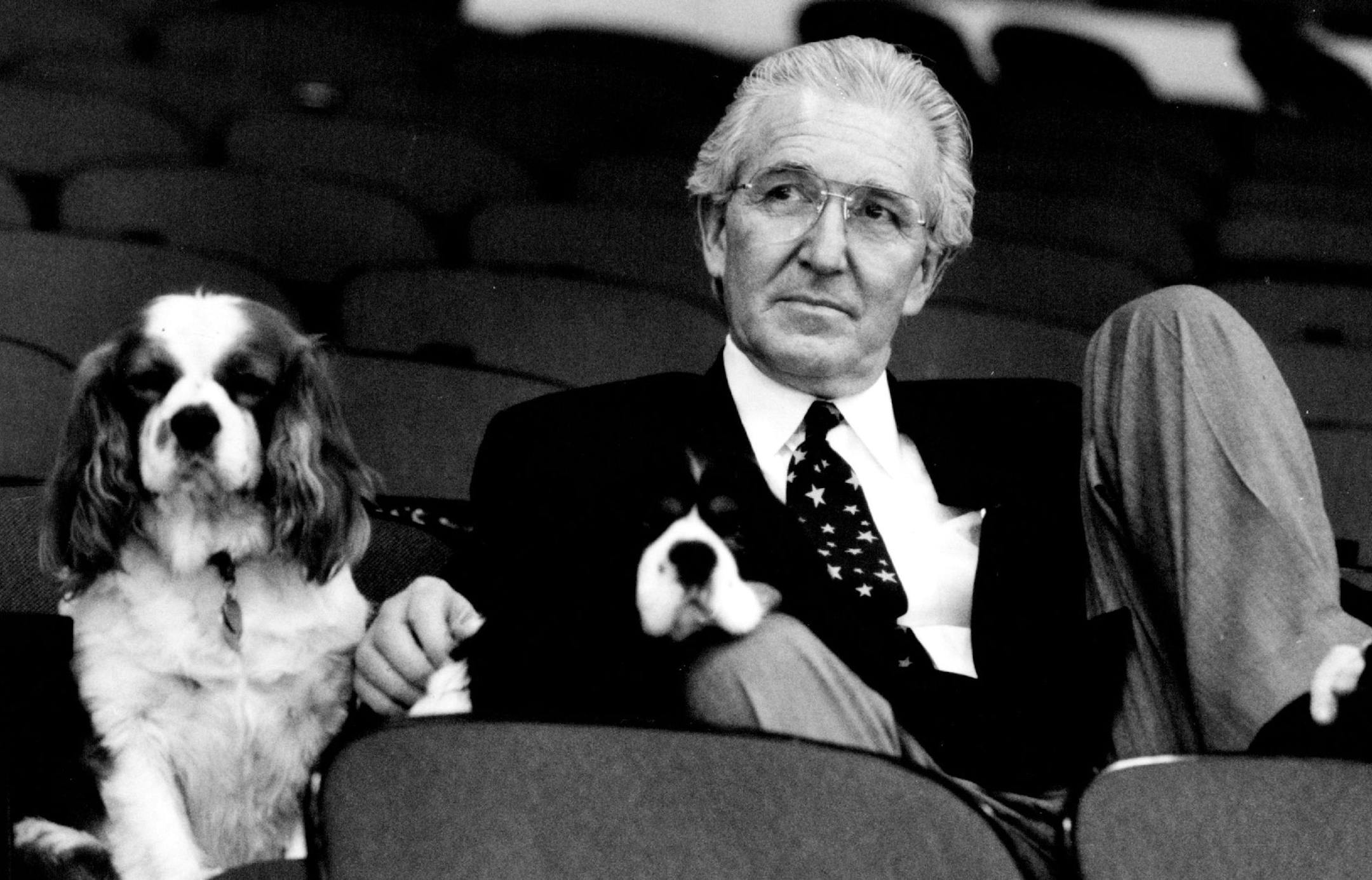 May 20, 1991 North stars practice at Met Center Monday. Owner Norm Green and his dogs Charles & Rupert watched rather impassively as the stars went thru some practice. May 21, 1991 Mike Zerby, Minneapolis Star Tribune