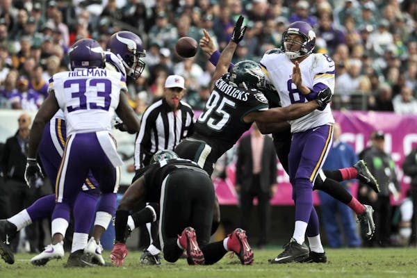 Minnesota Vikings' Sam Bradford, right, fumbles the football as Philadelphia Eagles' Mychal Kendricks tackles him during a 2016 game in Philadelphia.