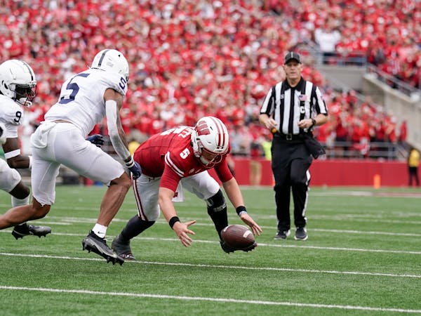 Wisconsin quarterback Graham Mertz fumbled against Penn State in the second half of Saturday’s home loss.