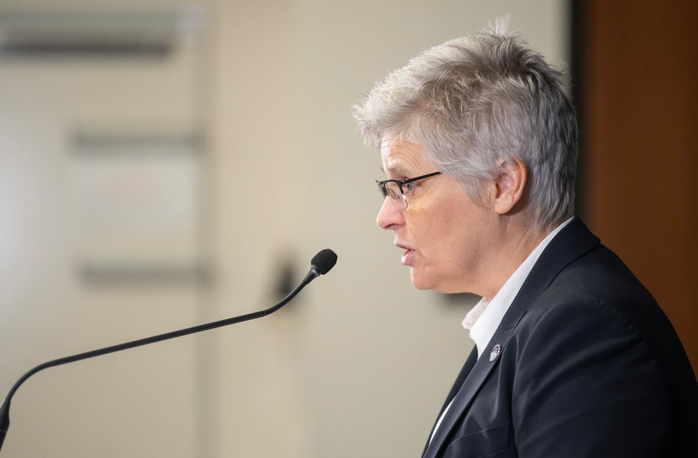 Hennepin County Attorney Mary Moriarty speaks during a press conference discussing new requirements police chiefs will have to disclose about an officer's history of misconduct Wednesday, Jan. 03, 2024, at the Hennepin County Government Center in Minneapolis, Minn. The data is often referred to as "Brady" or "Giglio" for the legal doctrines. ]