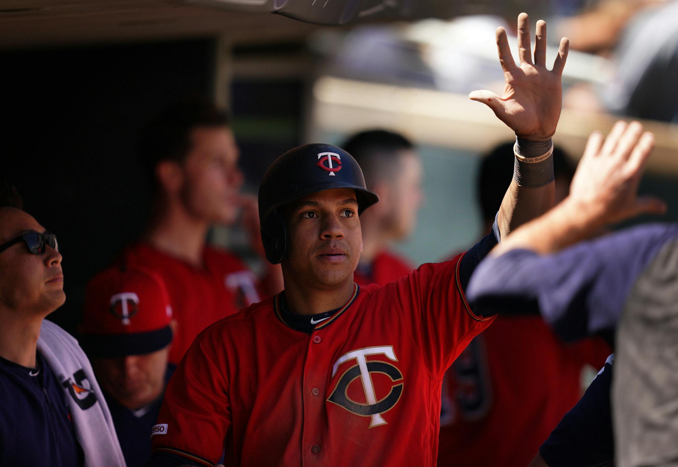 Minnesota Twins shortstop Ehire Adrianza (13) was congratulated after he scored in the sixth inning. ] ANTHONY SOUFFLE • anthony.souffle@startribune.com The Minnesota Twins played the Seattle Mariners in an MLB game Thursday, June 13, 2019 at Target Field in Minneapolis.