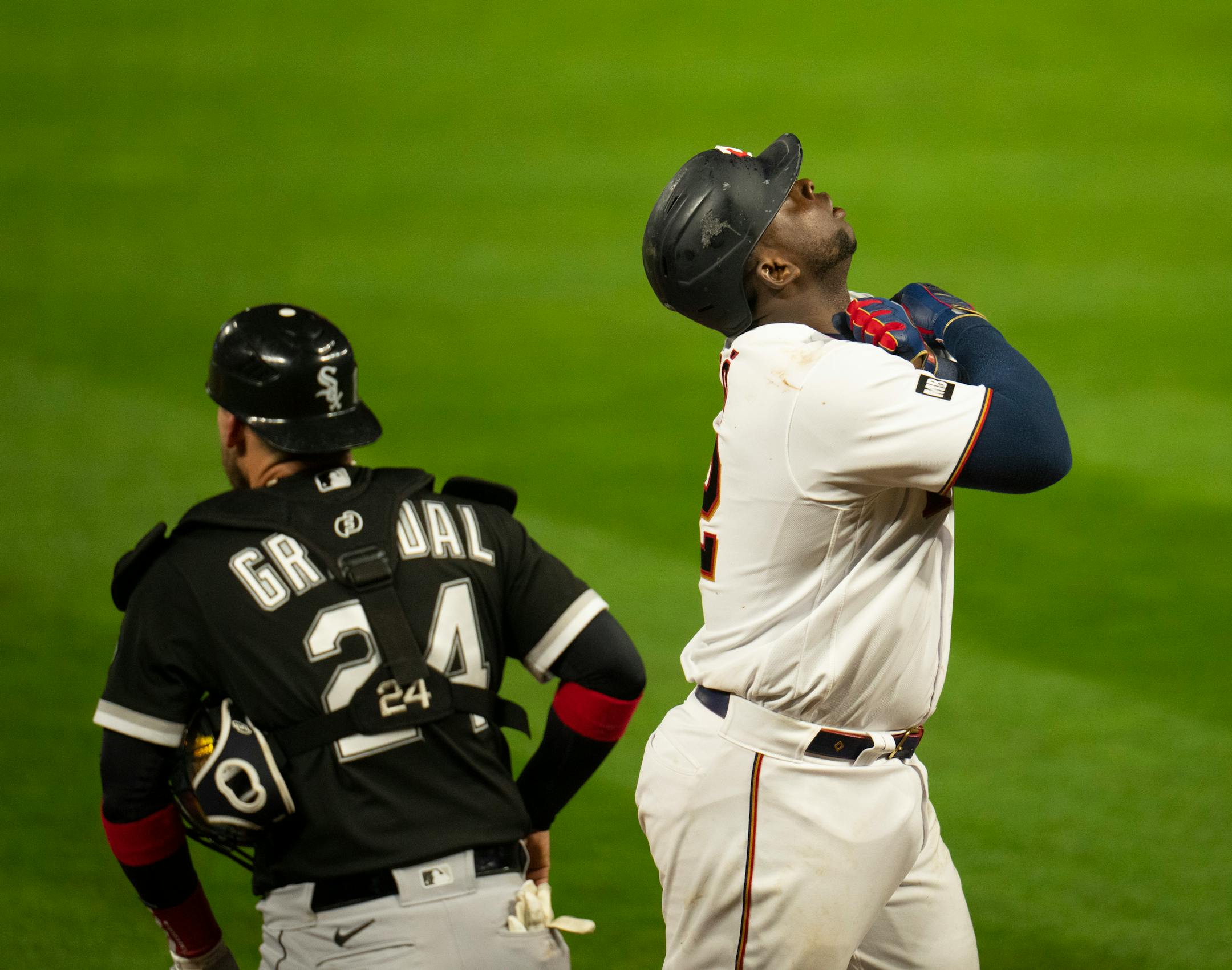 Minnesota Twins first baseman Miguel Sano (22) celebrated his third home run of the game in the eighth inning that scored Jorge Polanco and tied the game 4-4.