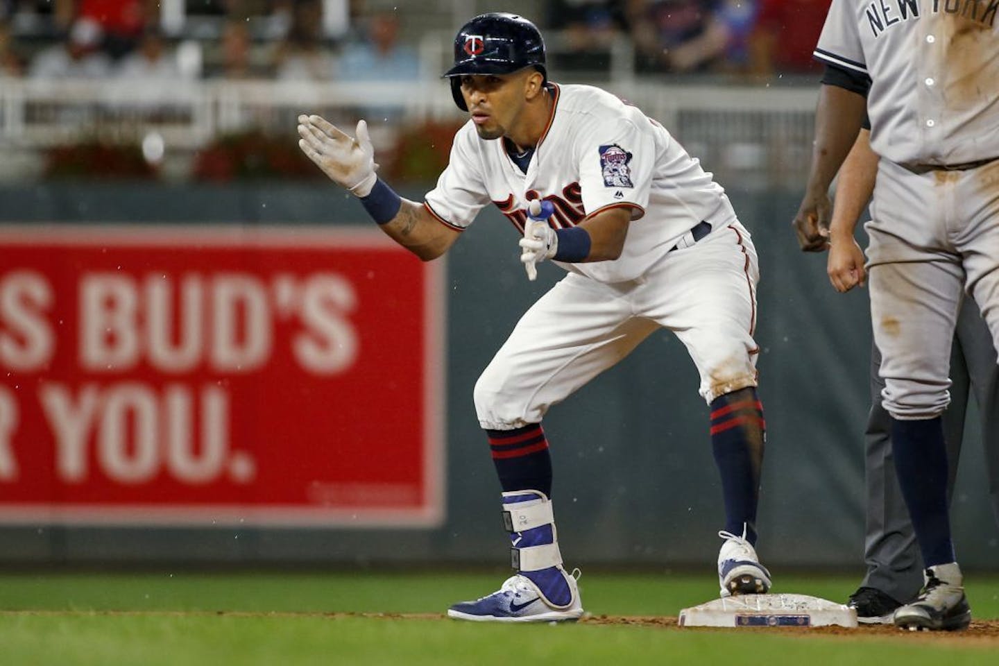 Minnesota Twins' Eddie Rosario celebrates his RBI double against the New York Yankees during the eighth inning of a baseball game Monday, July 17, 2017, in Minneapolis. The Twins won 4-2.