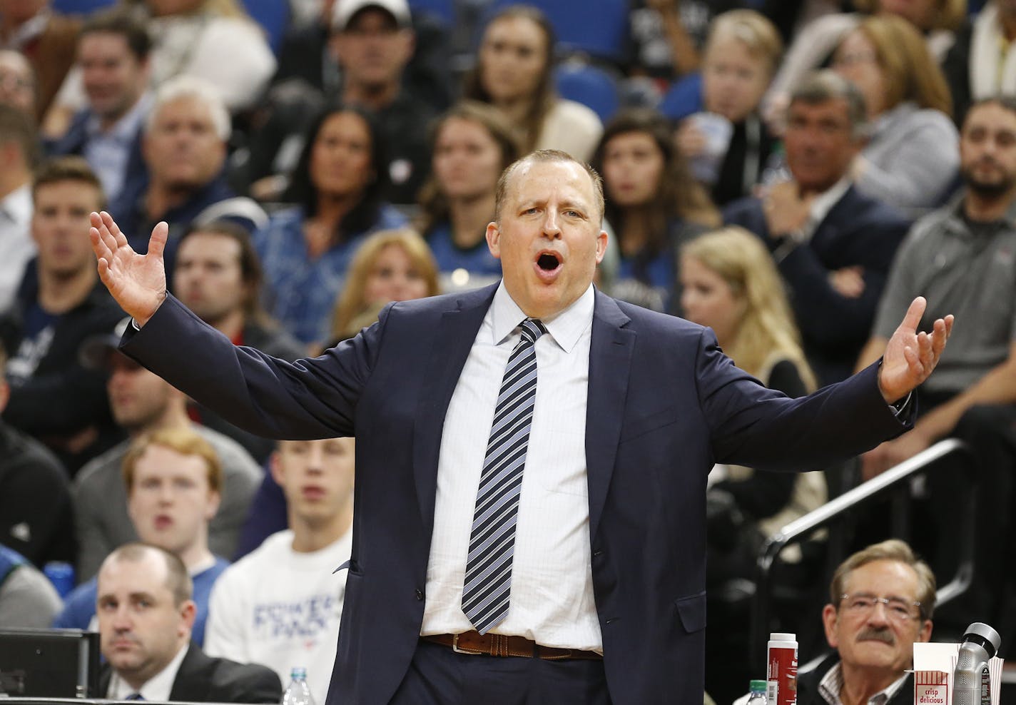 Minnesota Timberwolves head coach Tom Thibodeau yells during the second half. ] (Leila Navidi/Star Tribune) leila.navidi@startribune.com BACKGROUND INFORMATION: The Minnesota Timberwolves play the Memphis Grizzlies at Target Center in Minneapolis on Tuesday, November 1, 2016. The Wolves beat the Grizzlies 116-80.