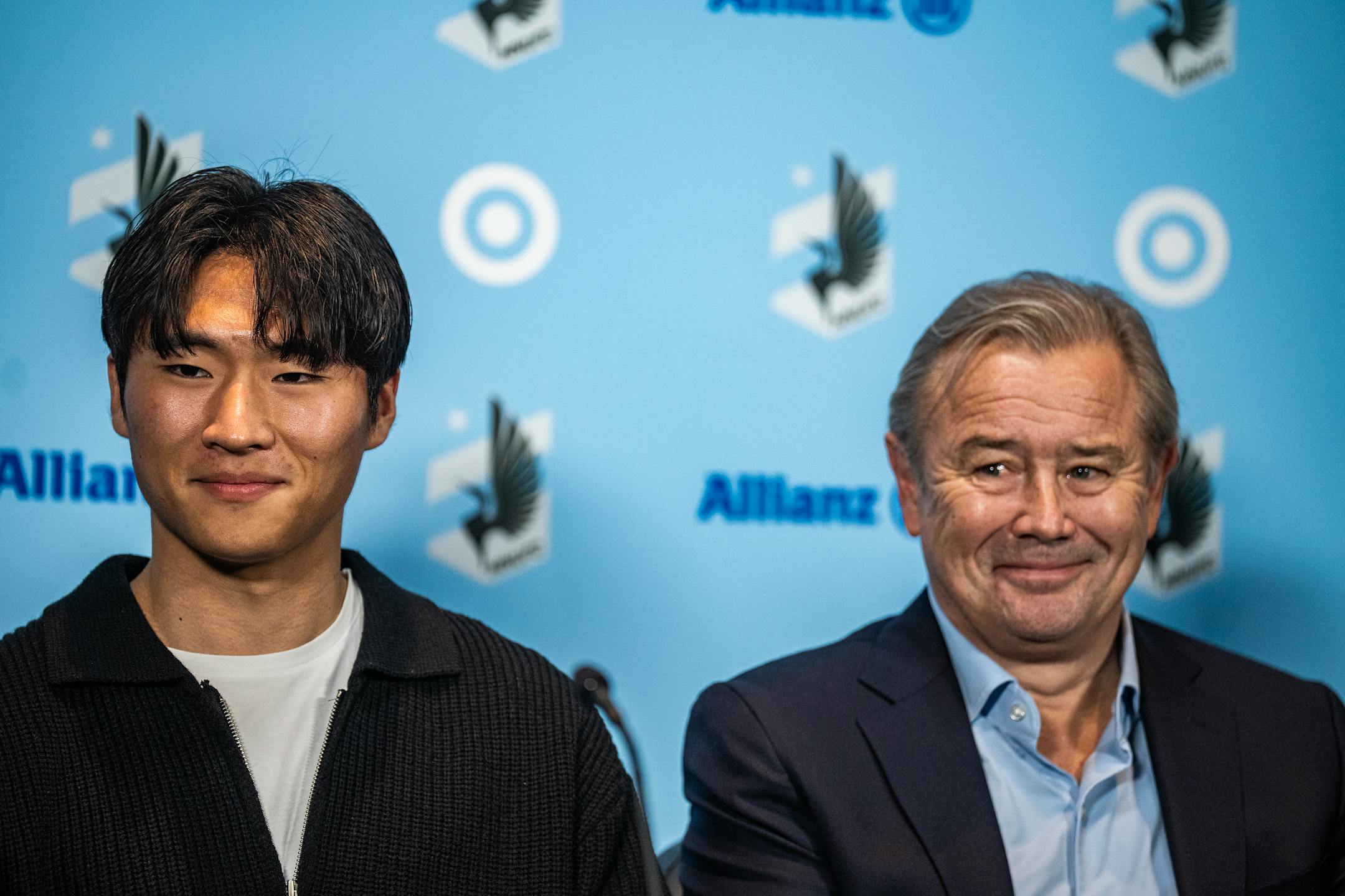 New potential star Sang Bin Jeong and Loons Head Coach Adrian Heath answer questions at a press conference in St. Paul, Minn., on Wednesday, March 22, 2023. The Loons are holding a news conference Wednesday to introduce coveted, young potential star Jeong Sang-bin, from South Korea. There are high hopes that he can become a goal scorer deluxe. RICHARD TSONG-TAATARII • richard.tsong-taatarii @startribune.com