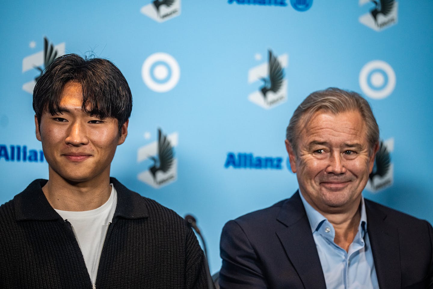 New potential star Sang Bin Jeong and Loons Head Coach Adrian Heath answer questions at a press conference in St. Paul, Minn., on Wednesday, March 22, 2023. The Loons are holding a news conference Wednesday to introduce coveted, young potential star Jeong Sang-bin, from South Korea. There are high hopes that he can become a goal scorer deluxe. RICHARD TSONG-TAATARII • richard.tsong-taatarii @startribune.com