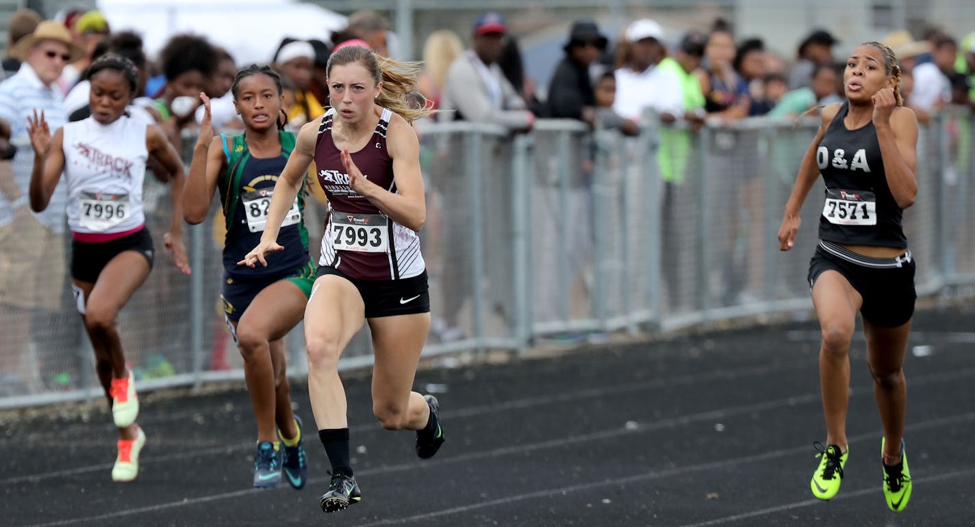 Anna Keefer of St. Michael-Albertville ran away from the competition in her heat of the girls 100 meter sprints at the regional AAU track and field meet at Park Center High School track Saturday, July 2, 2016,in Brooklyn Park, MN.] (DAVID JOLES/STARTRIBUNE)djoles@startribune Hundreds of young track standouts from throughout the Midwest converged on Park Center High School Saturday, July 2, 2016, for the regional AAU track and field meet in Brooklyn Park, MN.