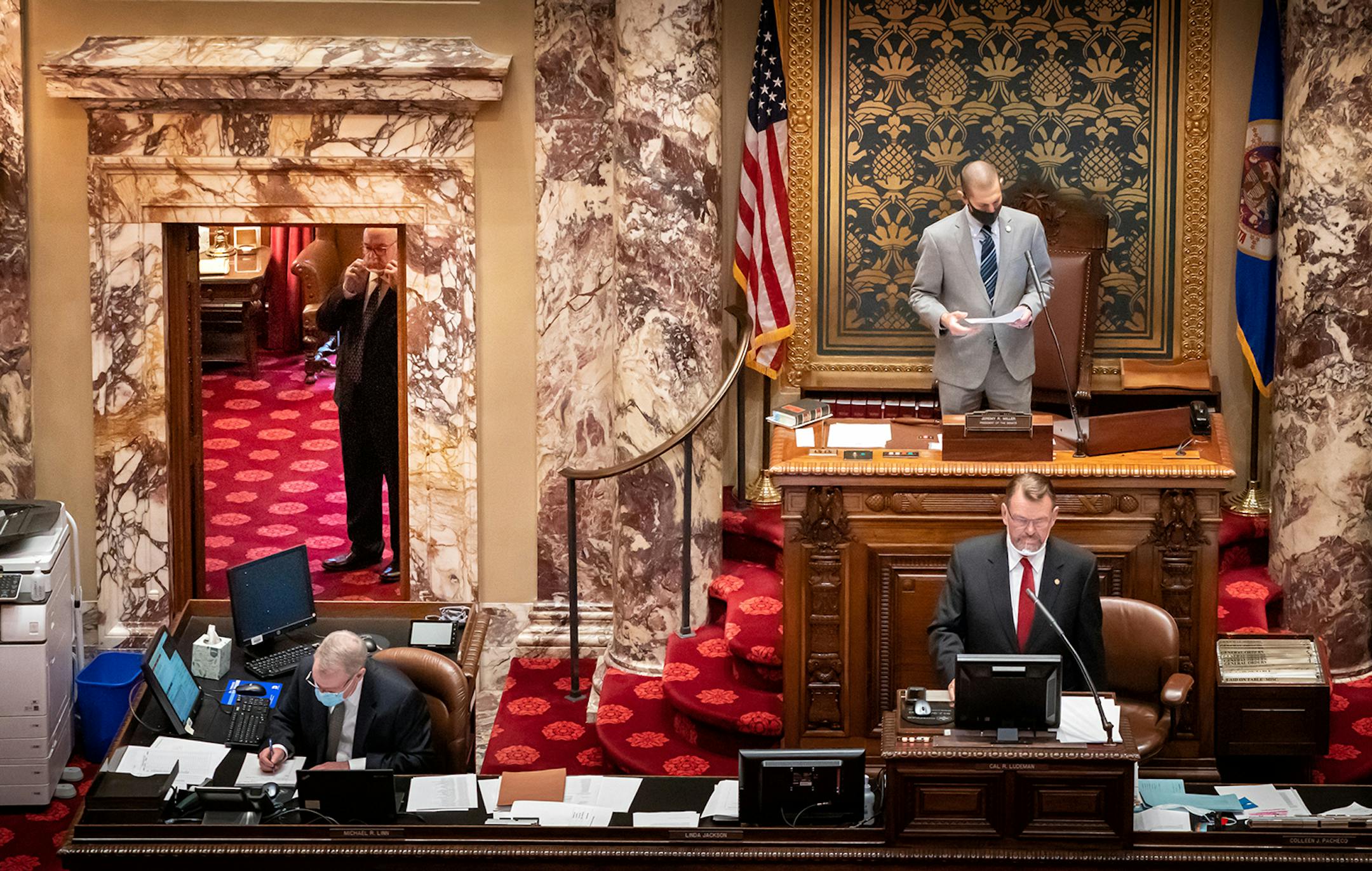 Sen. David Tomassoni, DFL-Chisholm waited in the retiriung room while outgoing Senate President Jeremy Miller, R-Winona conducted the vote that would name Tomassoni as his successor. By a vote of 63-4, Iron Range DFL Sen. David Tomassoni has been approved to become the new president of the Minnesota Senate, which is controlled by Republicans. This is the first time a Minnesota Senate President is from the minority party.
